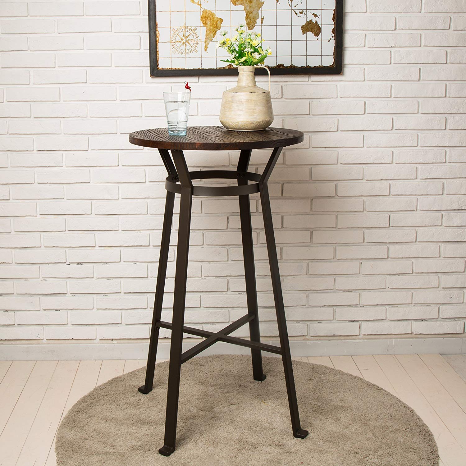 Glitzhome 3-Piece Pub Table and Chairs Set - Round Rustic Bar Height Table with Adjustable Swivel Bar Stools for Kitchen, Bistro, Dining Room & Breakfast Nook - Perfect for Small Spaces, Entertaining & Casual Dining