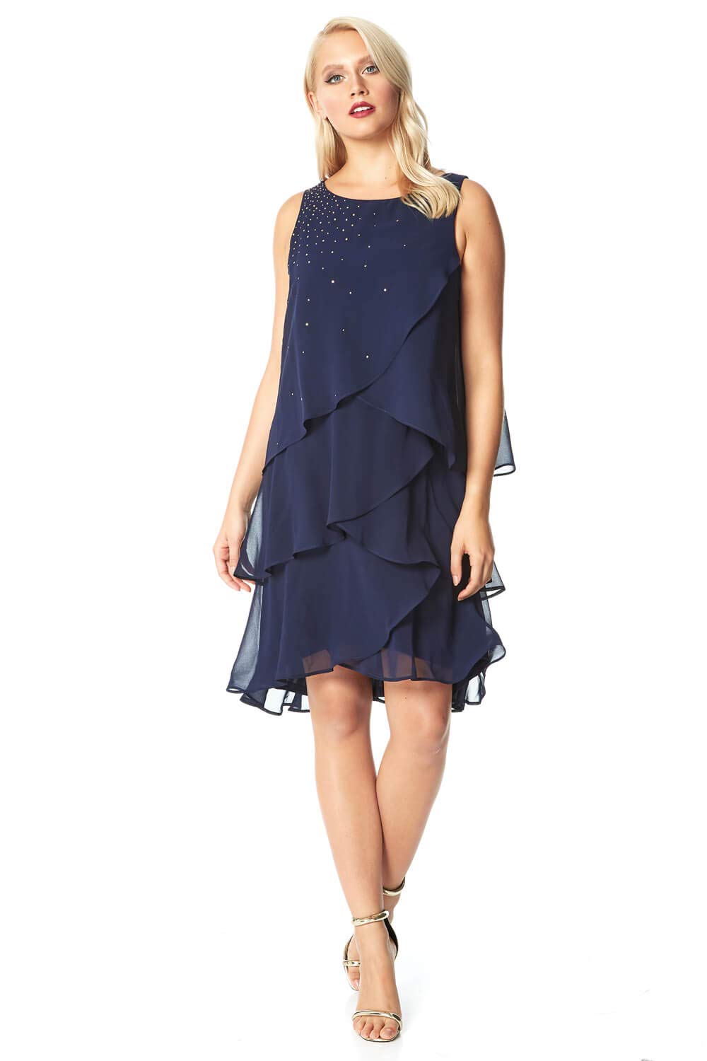 Roman Originals Women's Sparkling Diamante Embellished Layered Party Dress - Perfect for Evening Events, Weddings & Special Occasions