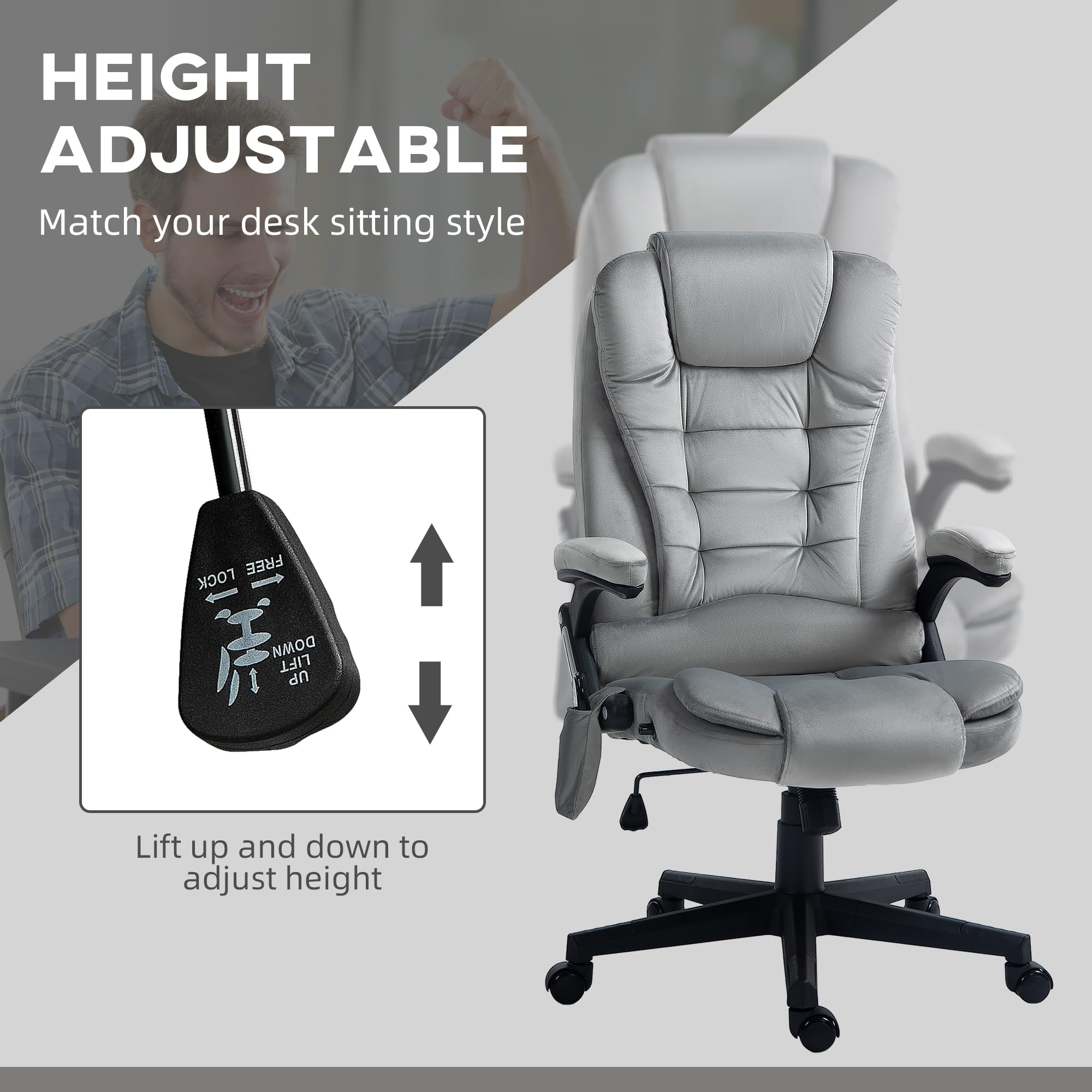 HOMCOM 6-Point Vibrating Massage Office Chair with Heating - High Back Executive Chair, Reclining Backrest, Padded Armrests & Remote Control - Gray - Perfect for Home Office, Gaming & Relaxation