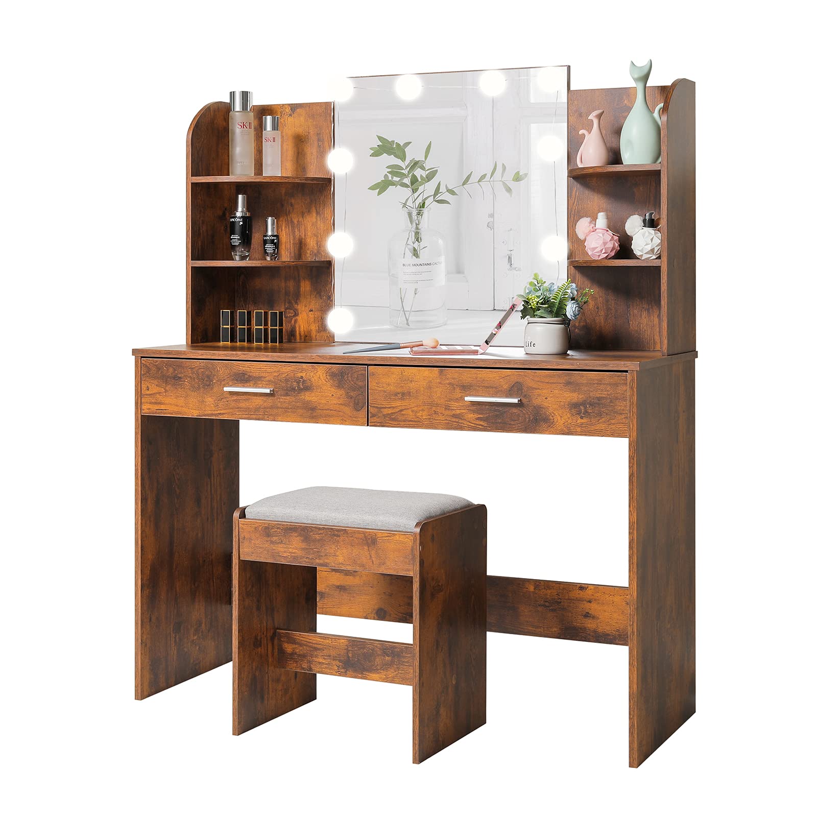 Vintage Vanity Set with Stool & Storage - Rustic Brown for Bedroom Makeup