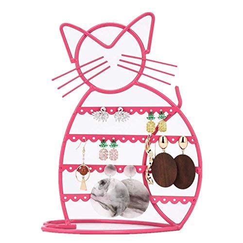 Stylish Pink Metal Cat-Shaped Jewelry Organizer Stand - 48 Stud Earring Holder & Display Vanity Tray for Women - Perfect for Bedroom Dresser, Bathroom Counter & Gift Giving