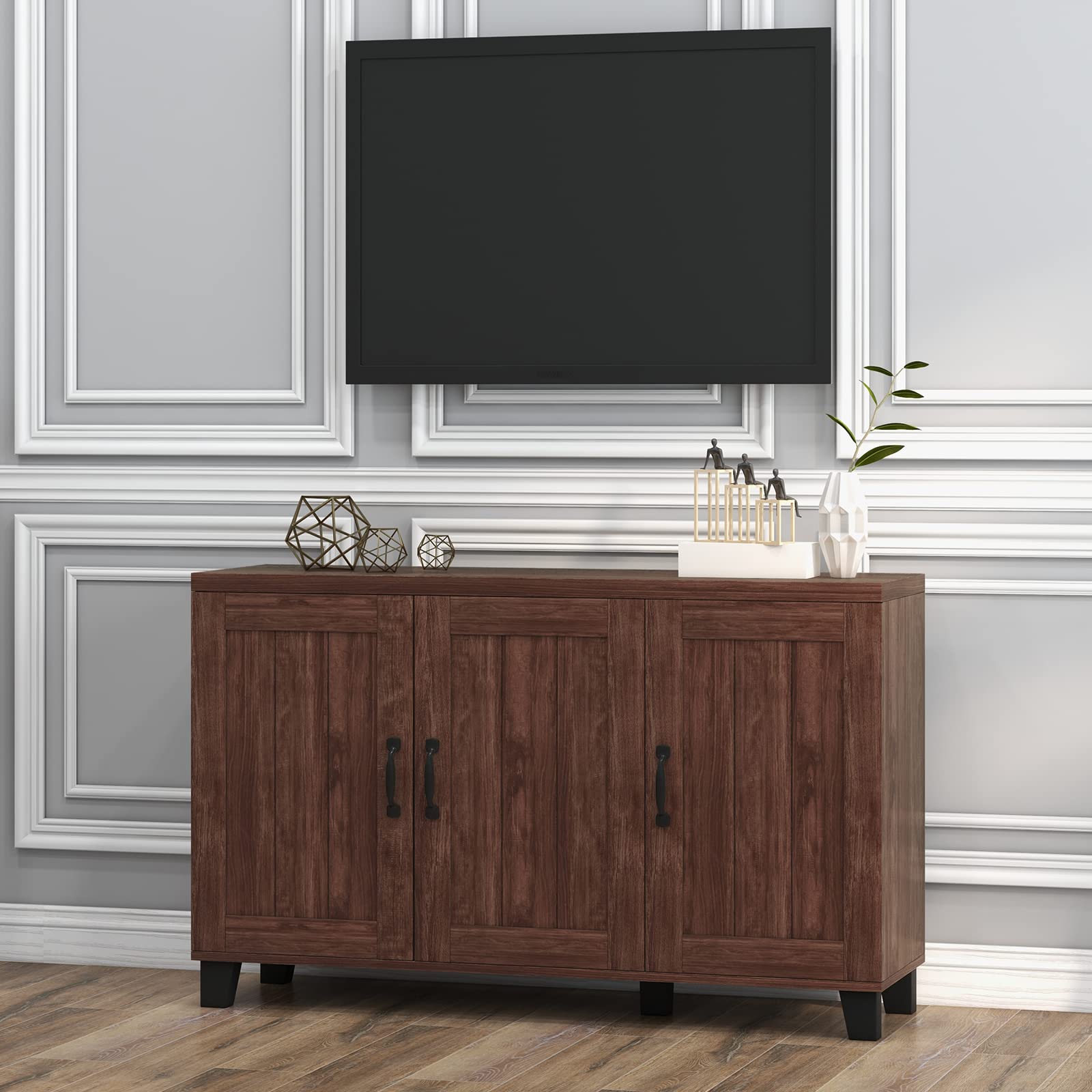 Giantex 3-Door Buffet Cabinet with Adjustable Shelves & Cable Management - Kitchen Storage Cupboard, Coffee Bar Console for Living Room - Anti-Tip Design, Brown (Perfect for Dining Room Storage & Home Organization)