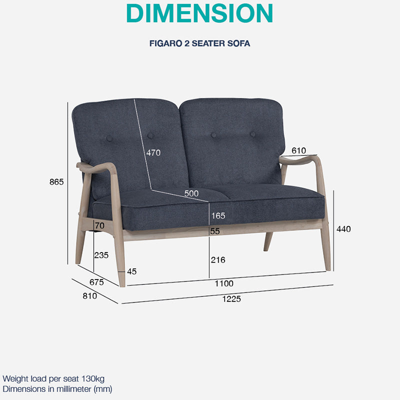 Modern FIGARO 2-Seater Sofa with Walnut Wood Frame & Steel Legs - Perfect for Living Room, Office or Small Space Decor