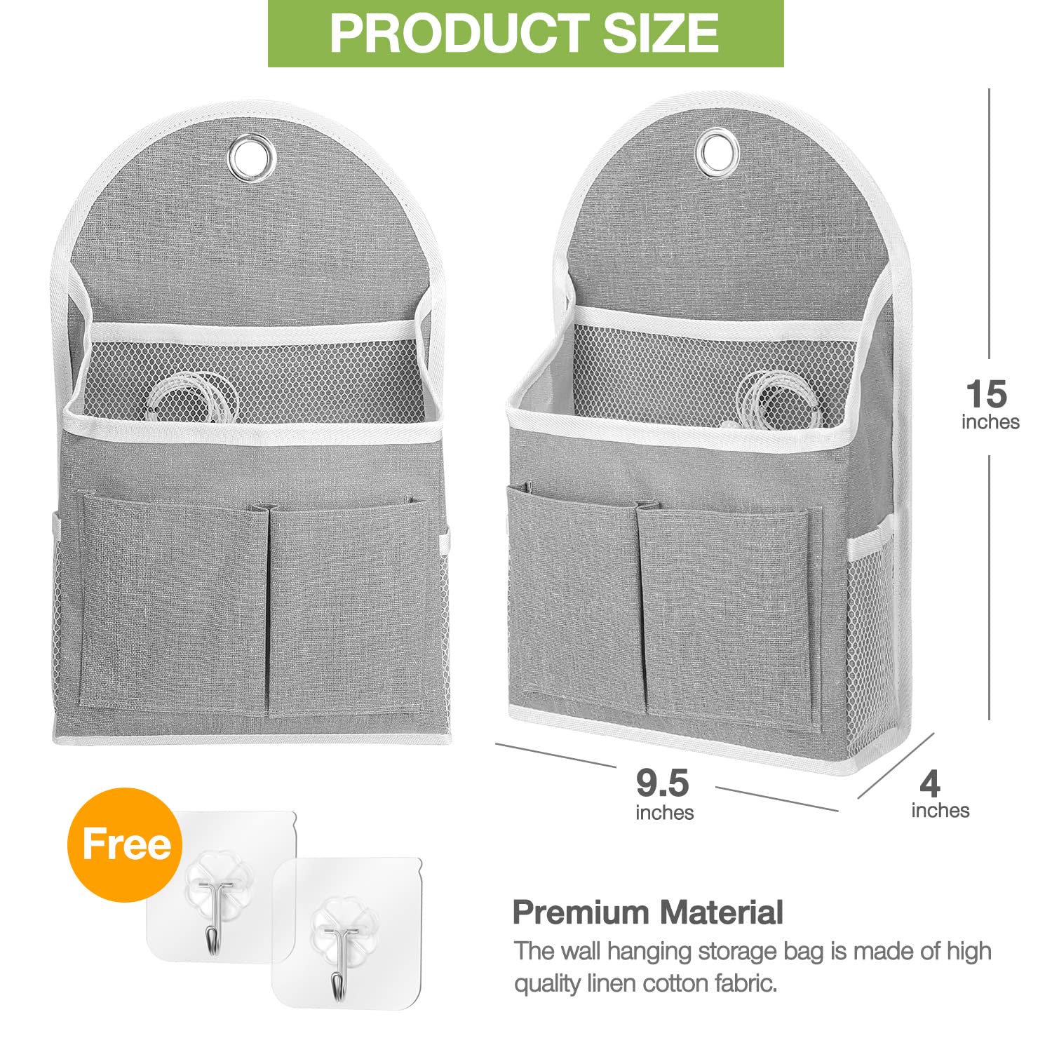2 Pack Waterproof Wall Hanging Organizer with Multiple Pockets - Fabric Storage Basket & Over The Door Caddy for Kitchen, Bedroom, Bathroom - Space Saving Grey Closet Shelves (Perfect for Small Spaces & Home Organization)
