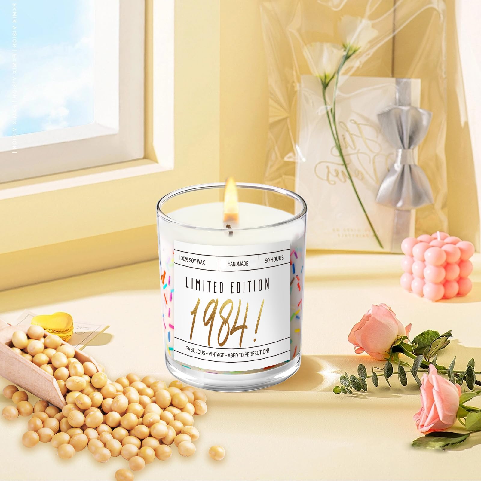 Unique 40th Birthday Gift Candle with Sprinkles - 7oz Limited Edition 1984 for Women & Men - Perfect for Sister, Friend, Mom, Dad, Wife, Husband & Coworker - Great for Birthday Parties, Home Decor & Relaxation