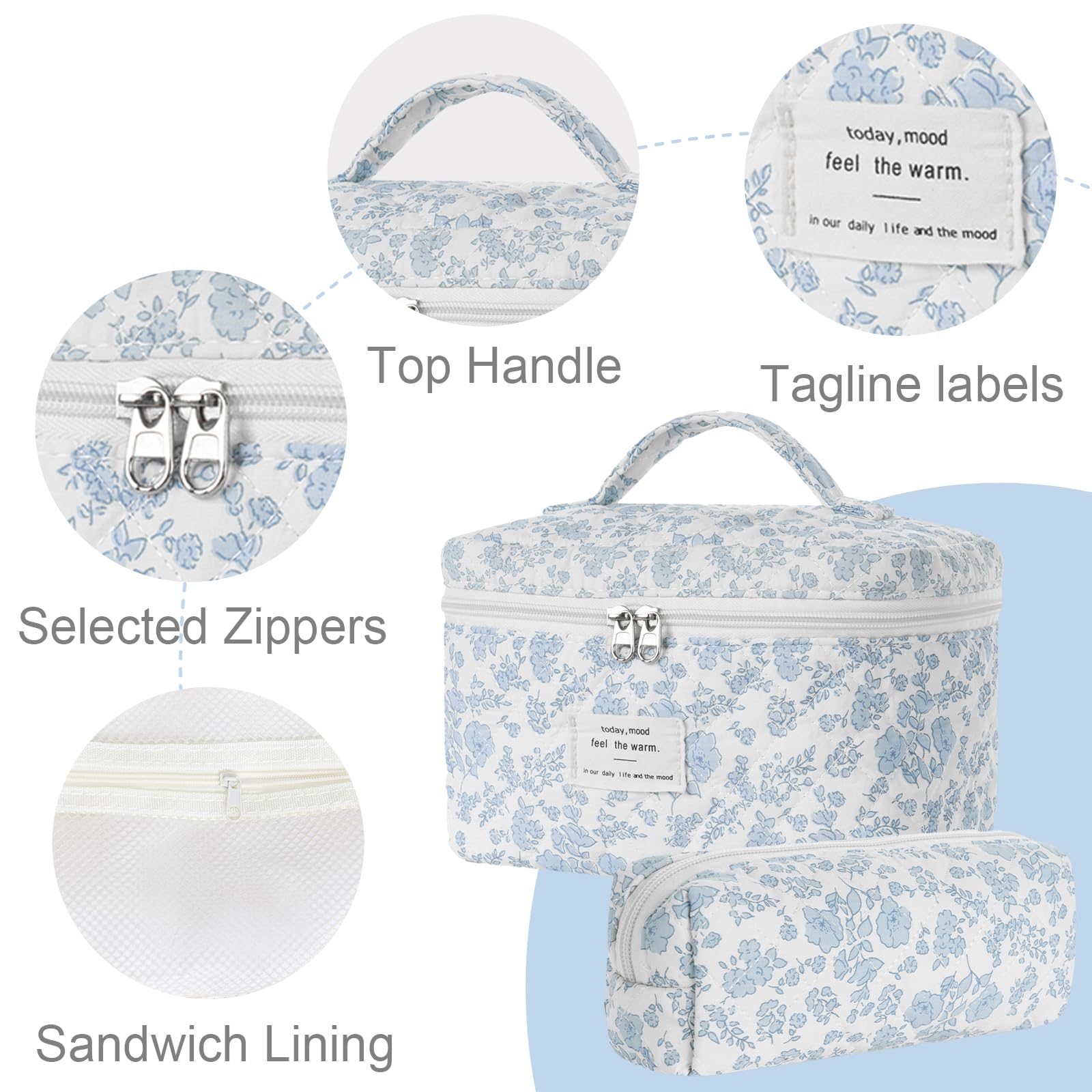 Floral Makeup Bag Set - Quilted Cotton Cosmetic Organizer for Travel & Toiletries | Coquette Aesthetic Flower Design | Perfect for Vacation, Gym, Bridal Shower & Daily Essentials Storage
