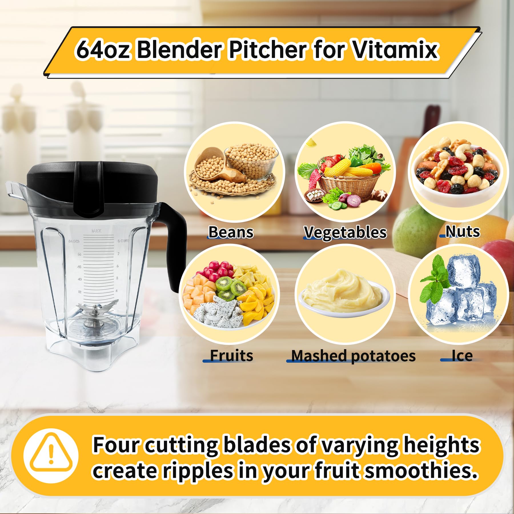 Vitamix 64oz Low-Profile Blender Pitcher Replacement - Compatible with Vitamix 750, 780, 5000, 5200, 6300, 7500, E320, Classic & Explorian Series (VM0101/VM0102/VM0103/VM0109) - 3-Year Warranty - Perfect for Smoothies, Soups & Nut Butters