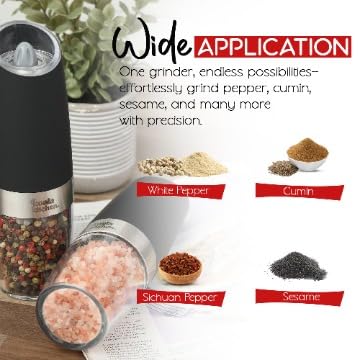 Premium Stainless Steel Electric Salt and Pepper Grinder Set - Adjustable Coarseness, Battery Operated with Blue Light - 2 Pack (Black) for Kitchen, Dining Table, Camping & Gifts