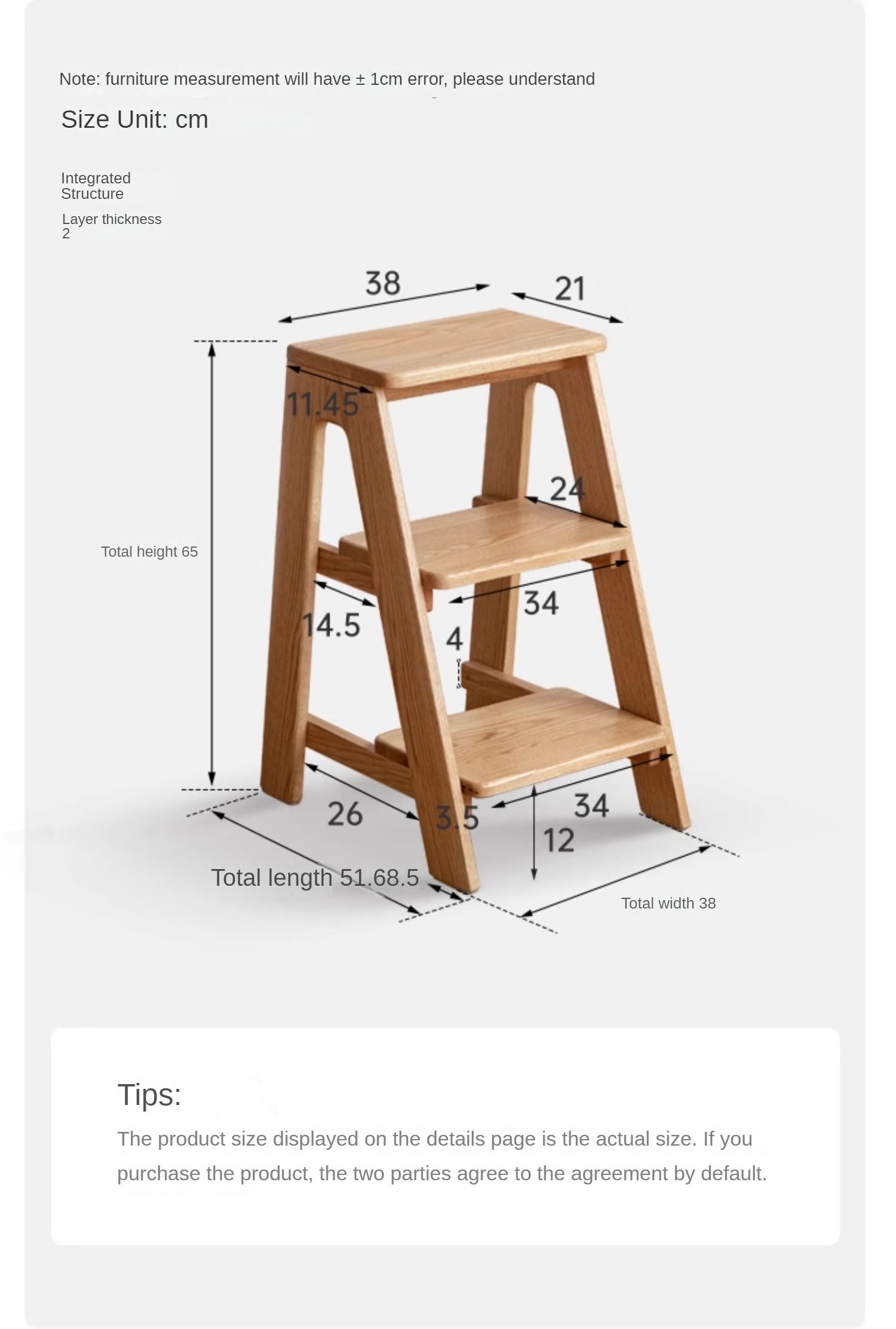 Solid Oak Wood Step Stool - Sturdy 2-Step Ladder for Kitchen, Bathroom & Kids - Non-Slip Safety Footrest for Home, Office & Closet Organization