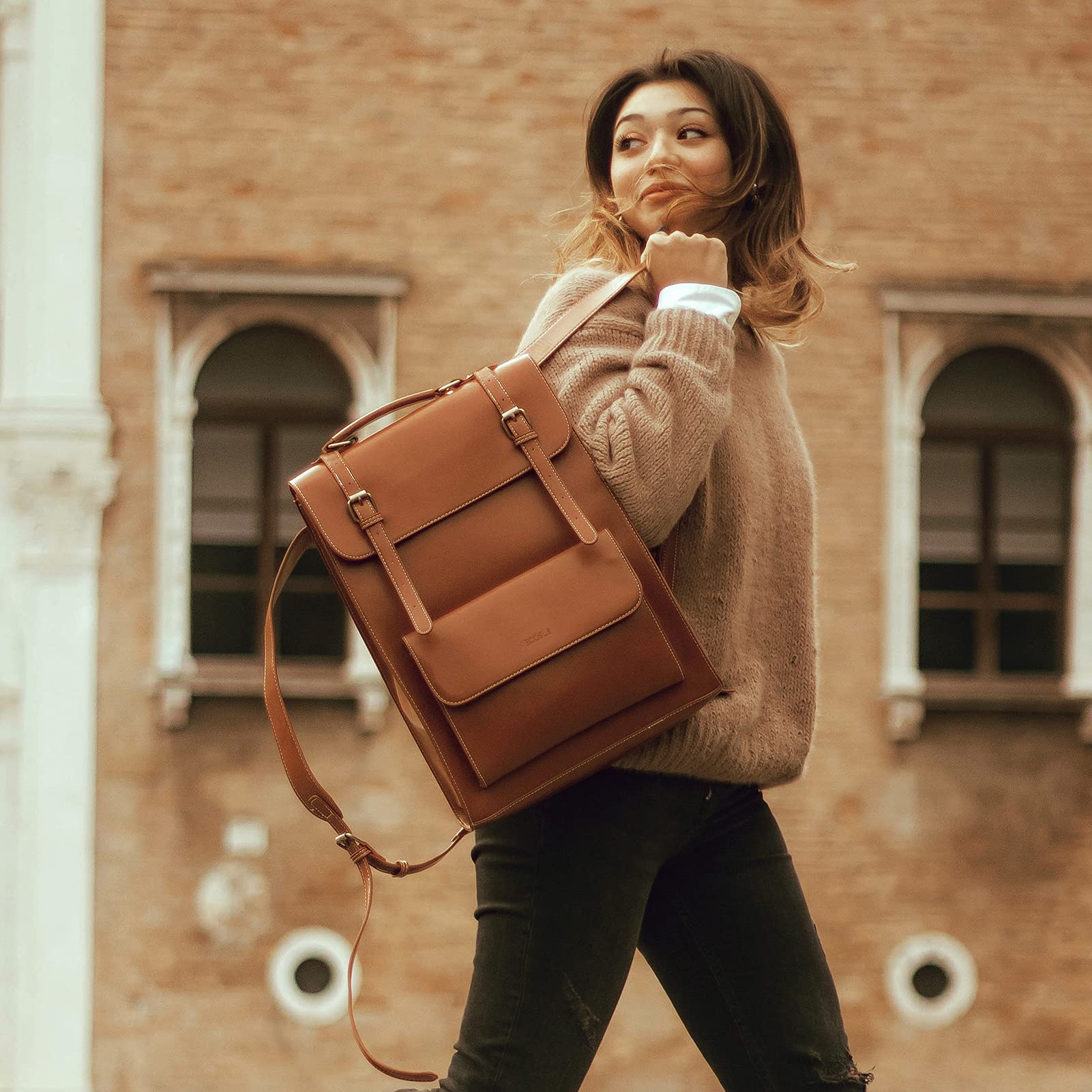Vintage PU Leather Laptop Backpack for Women 15.6 Inch - Work & College