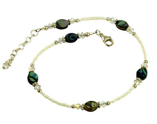 Sterling Silver Abalone Shell Crystal Beaded Anklet - Elegant Beach Jewelry for Women, Boho Chic Ankle Bracelet for Summer Vacation & Festival Wear