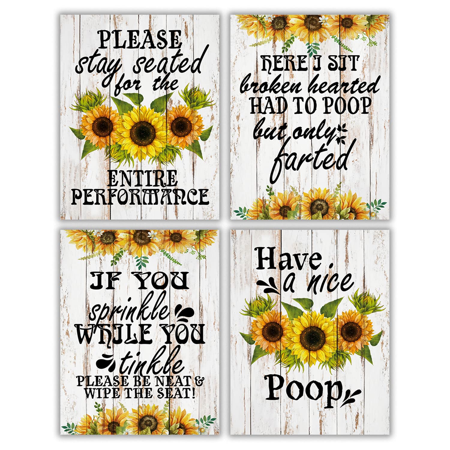 Funny Sunflower Bathroom Wall Art - Humorous Quotes Poster Set of 4 for Home Decor