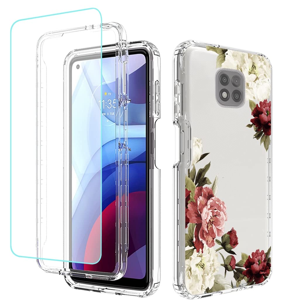 Premium Clear Floral Phone Case for Motorola Moto G Power 2021 (XT2117) - Shockproof Protective Cover with Tempered Glass Screen Protector - Cute Flower Design for Women Girls - Perfect for Daily Use, Work & Travel Protection