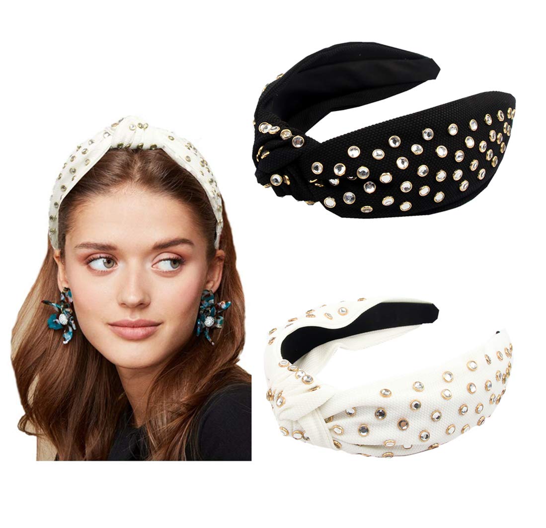 2 Pack Beaded Knotted Headbands for Women - Fashionable Wide Band Hair Hoops with Stud Embellishments | Perfect for Parties, Weddings & Everyday Wear