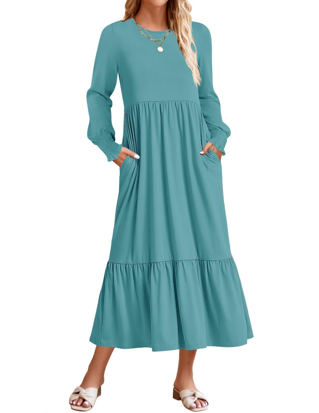 ZESICA Women's Spring Long Sleeve Dress 2025 - Crewneck Casual Loose Pleated Tiered Swing Midi Dress with Pockets | Perfect for Office, Date Night & Spring Outfits