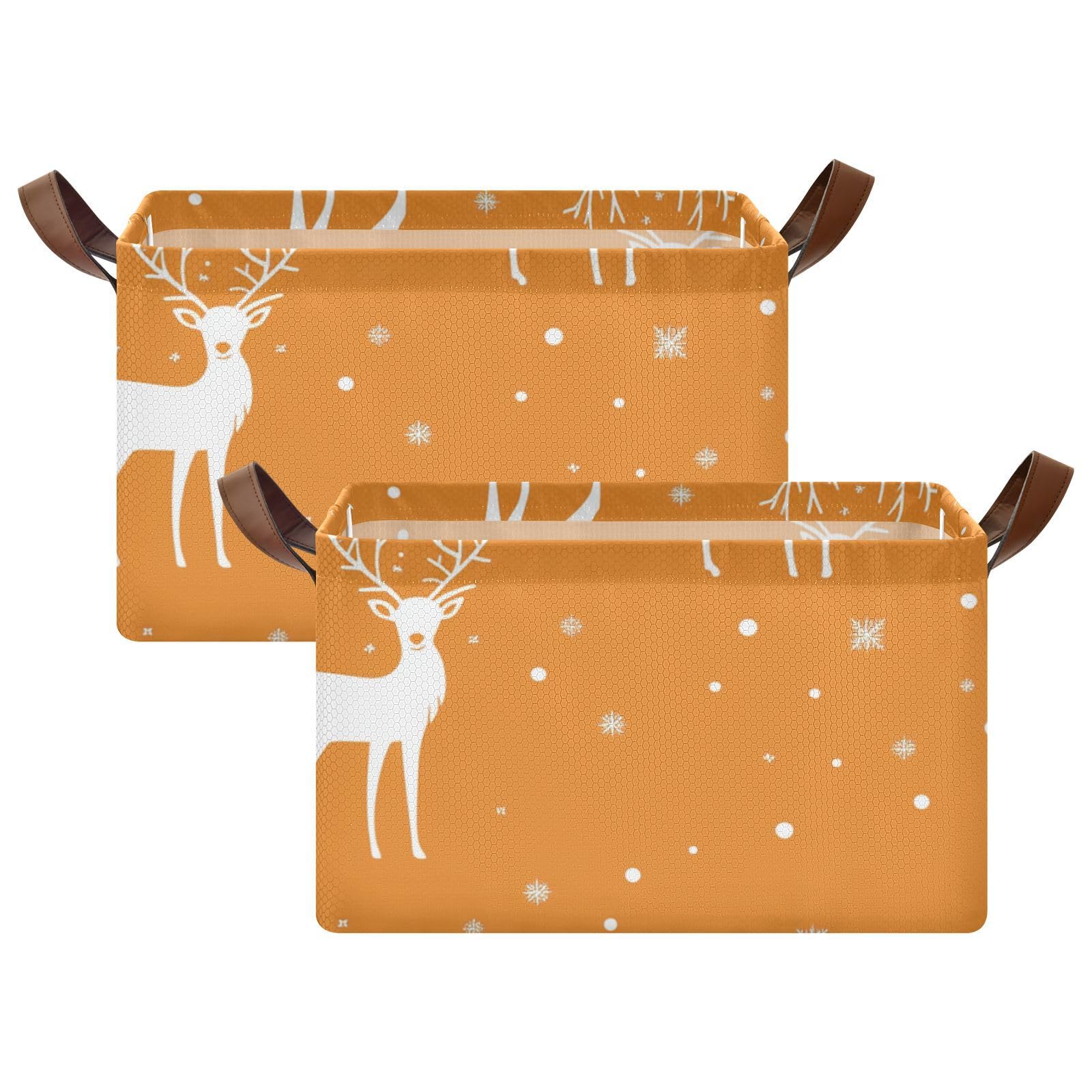 Foldable Large Fabric Storage Baskets with Handles - 2 Pack Christmas White Deer Pattern Decorative Organizer for Clothes, Toys & Home Organization | Perfect for Bedroom, Nursery & Holiday Decor