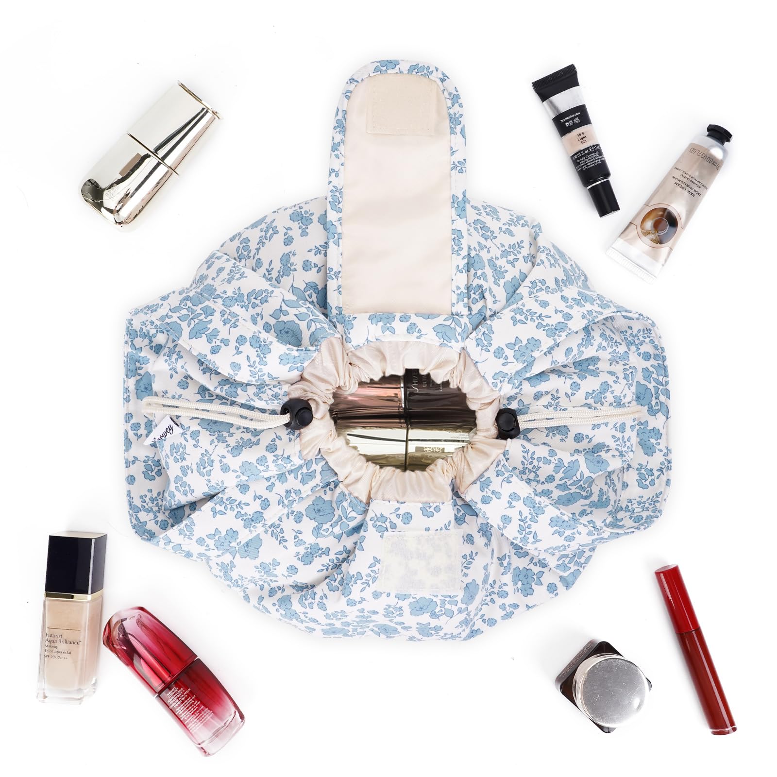 Large Floral Drawstring Makeup Bag | Waterproof Cosmetic & Toiletry Organizer | Travel Makeup Pouch for Women & Teen Girls | Perfect Gift for Birthdays & Travel | (Little Blue Flower Design, Patent Protected)