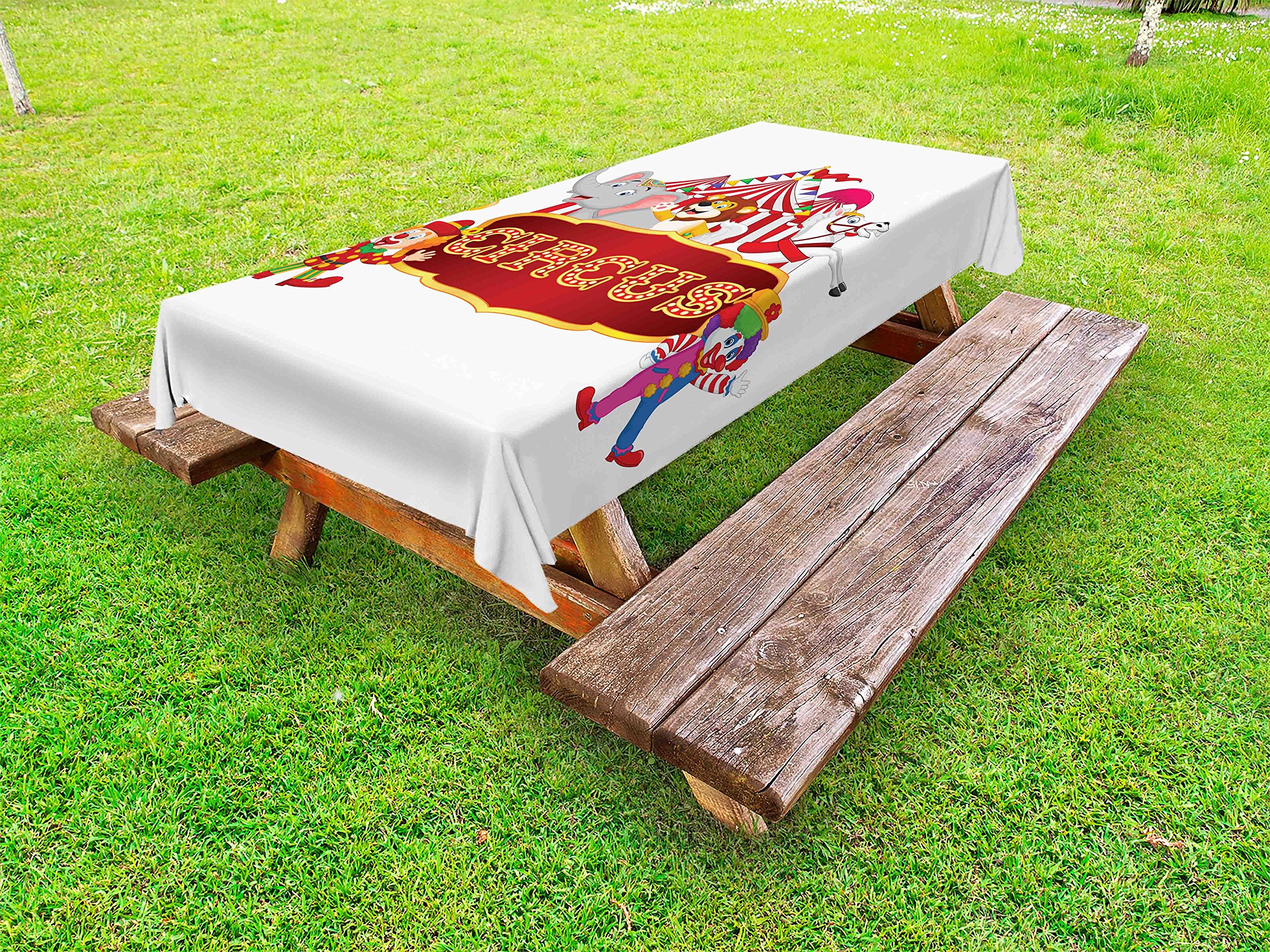 Ambesonne Circus Themed Outdoor Tablecloth - Happy Fun Trained Circus Animals with Vintage Tent Carnival Design, Washable Picnic Table Cover 58x84 Inches, Red & White - Perfect for Backyard Parties, BBQs, and Outdoor Events