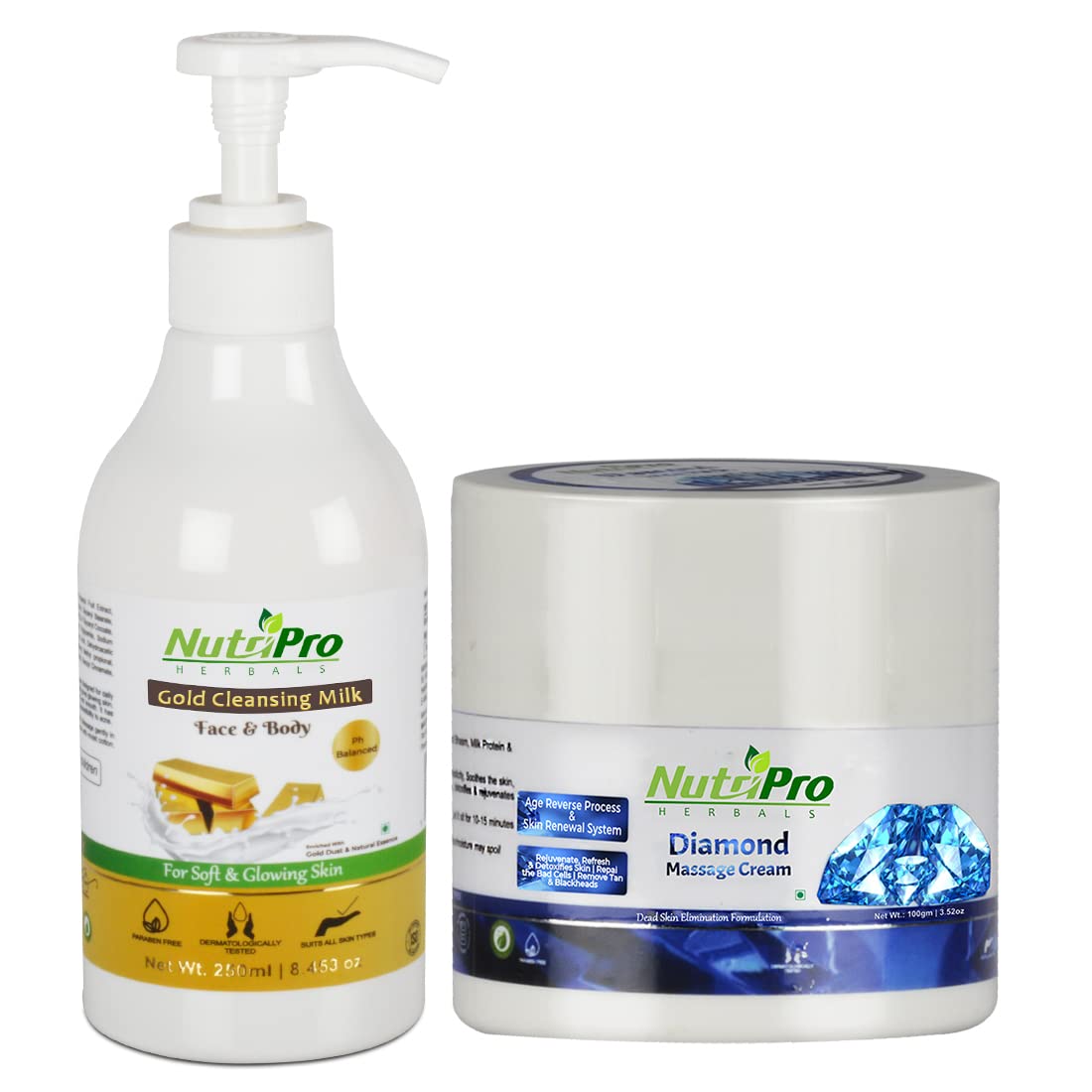 NutriPro Gold Cleansing Milk with Diamond Massage Cream 350GM - Enriched with Gold, Vitamin E, Lavender Oil & Diamond Dust for Soft, Glowing Skin & Anti-Acne Therapy | Daily Facial Cleanser & Luxury Skincare for Radiant Complexion