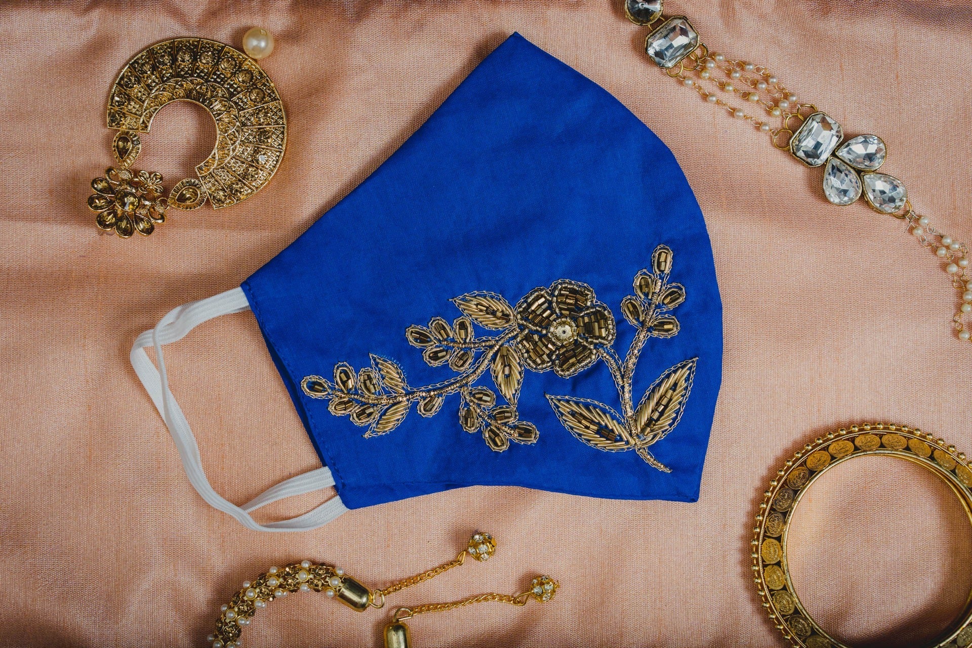 Royal Blue Cotton Face Mask with Petal Textured Embroidery - Breathable & Stylish for Daily Wear, Outdoor Activities & Travel