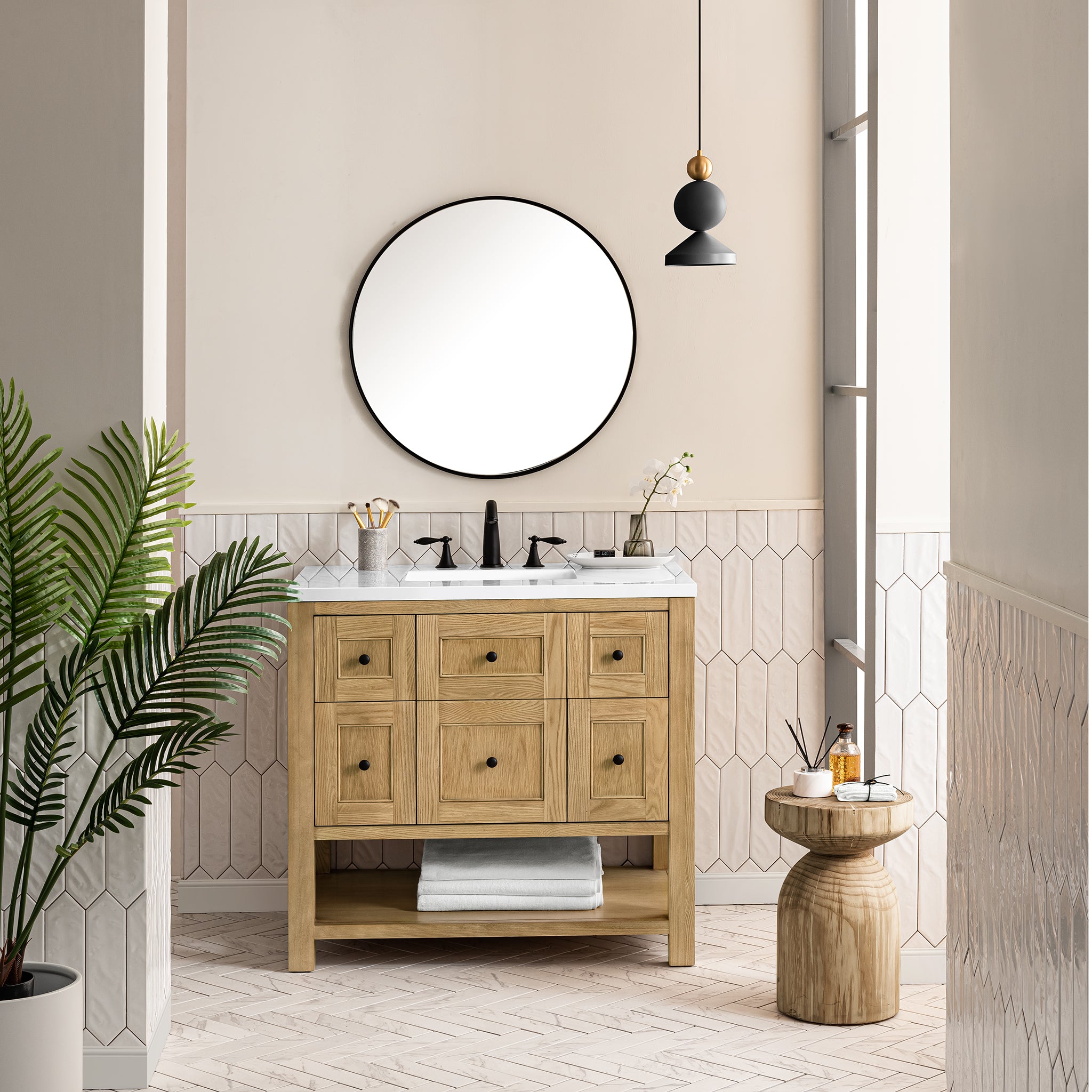 Breckenridge 36 Inch Single Bathroom Vanity in Light Natural Oak with 3CM White Zeus Countertop - Perfect for Modern Master Bathrooms and Powder Rooms