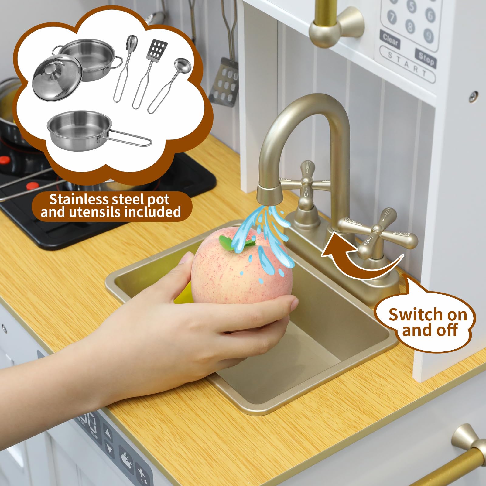 **Arlopu Wooden Play Kitchen for Kids - Pretend Cooking Set with Realistic Light & Sound, Stove, Fridge, Microwave & Removable Sink - Interactive Toy Kitchen for Toddlers & Preschoolers (White) - Perfect for Role Play, Birthday Gifts & Indoor Pretend Play**