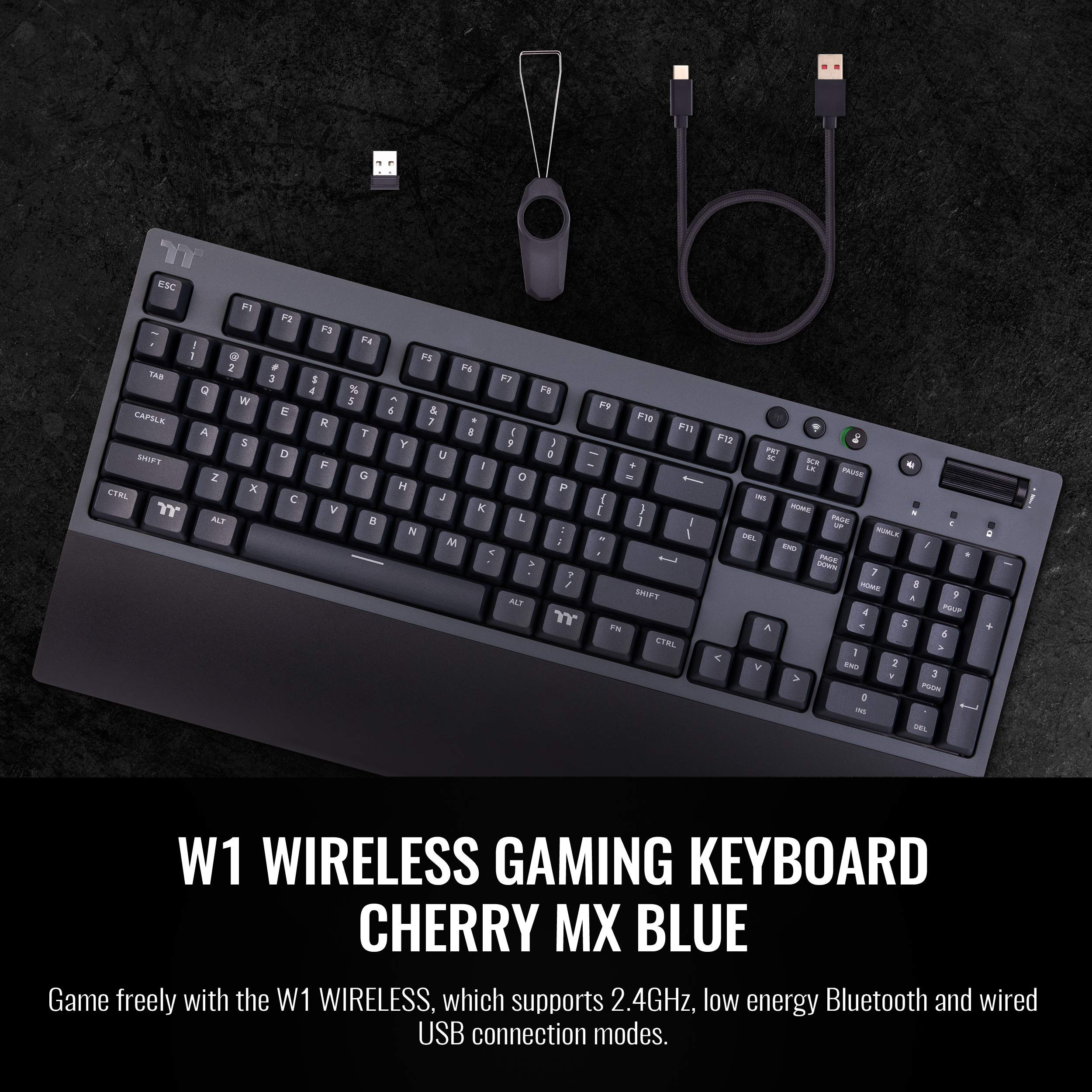 Thermaltake W1 Wireless Mechanical Gaming Keyboard - Cherry MX Blue Switches, 2.4GHz & Bluetooth 4.2 Dual Mode, Low Energy Tech, USB Type-C (Titanium Gray) - Perfect for PC Gaming, Office Work & Streaming Setup
