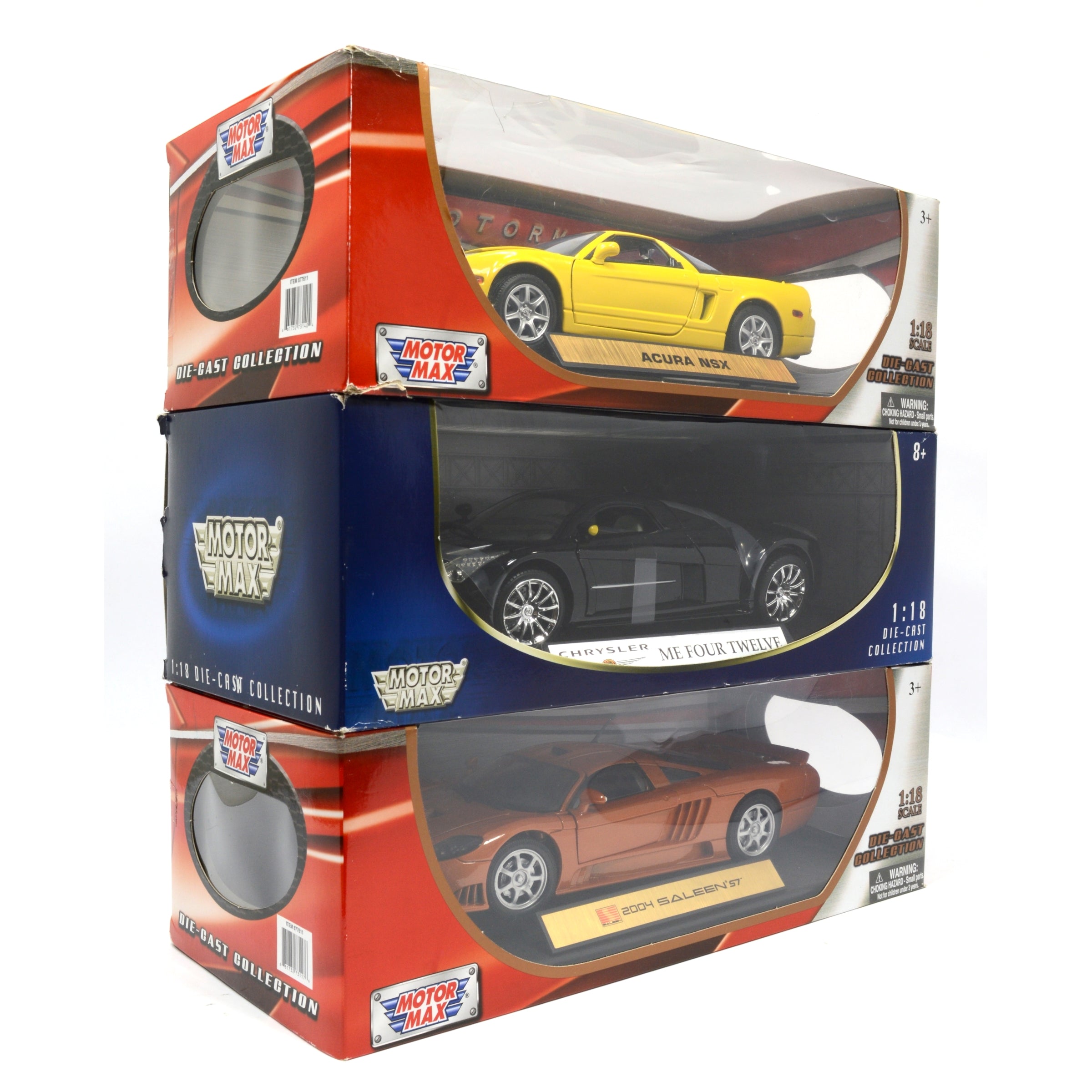 3-Pack MOTOR MAX 1:18 Scale Diecast Car Models - ACURA NSX, Me Four Twelve & SALEEN S7 - Collectible Toy Cars for Display, Gifts & Racing Enthusiasts