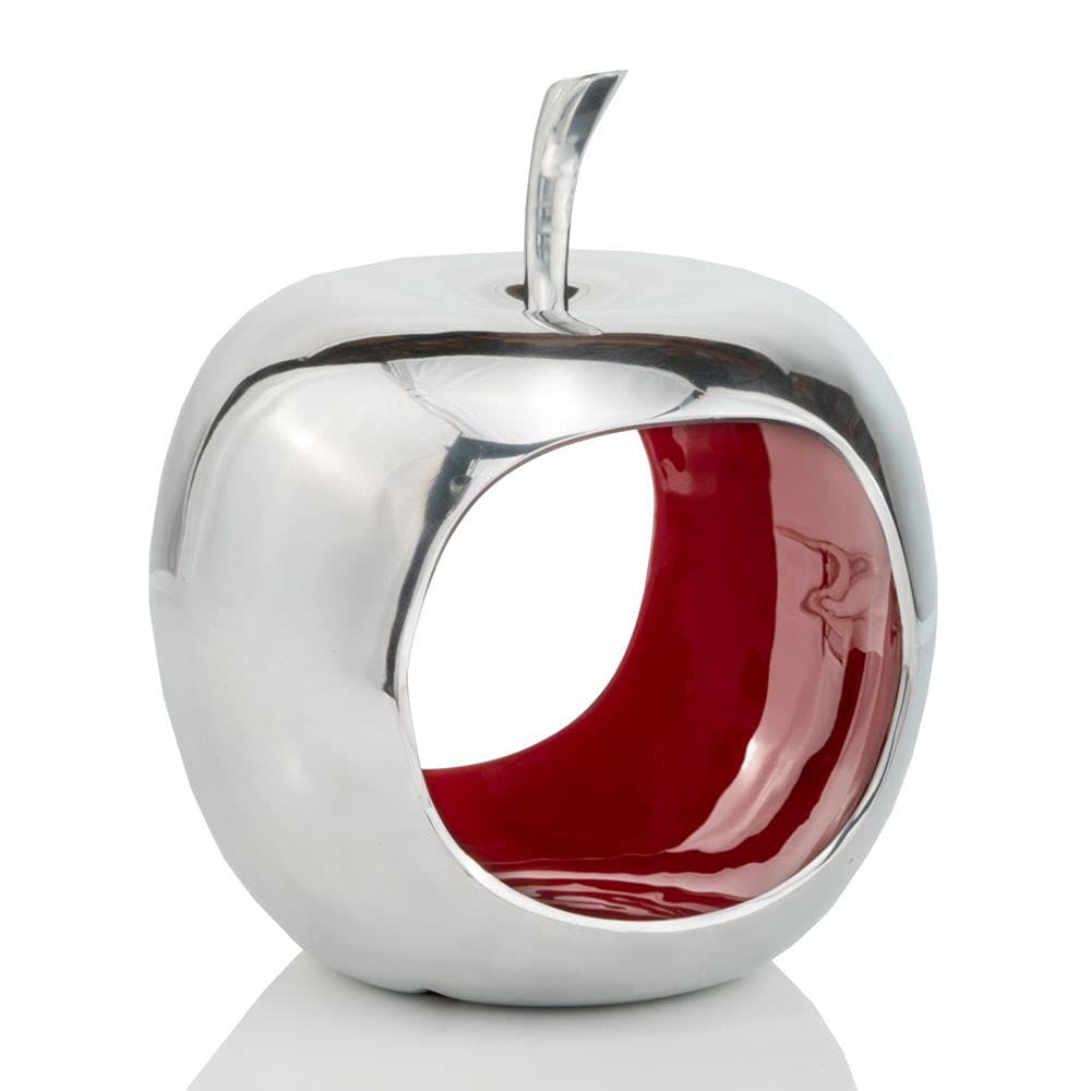 Modern Day Accents 3372 Open Red Apple Decorative Bowl - Silver & Red Fruit Bowl for Kitchen Counter, Table Centerpiece, Home Decor - 11.5