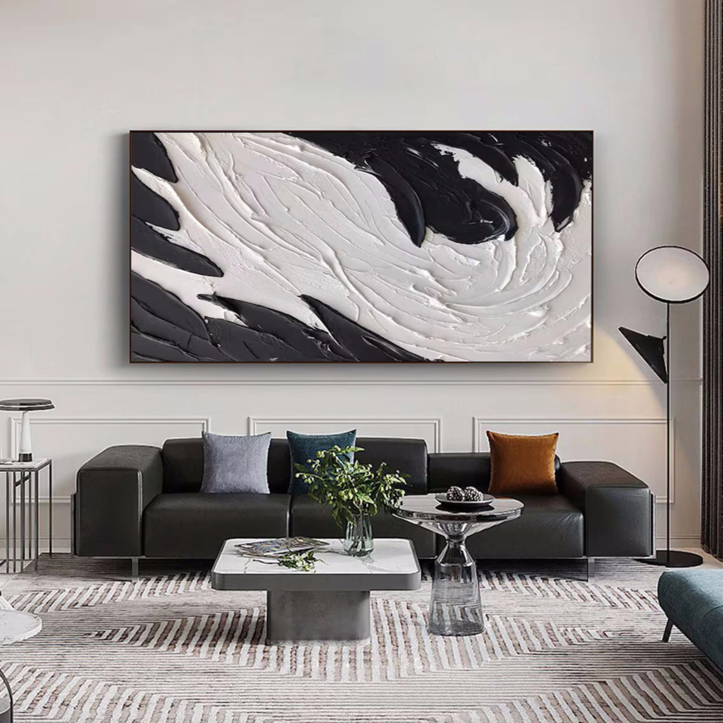 Modern White & Black Abstract Textured Canvas Wall Art - Large Contemporary Home Decor for Living Room, Bedroom, Office | Framed Ready to Hang Painting #MM133