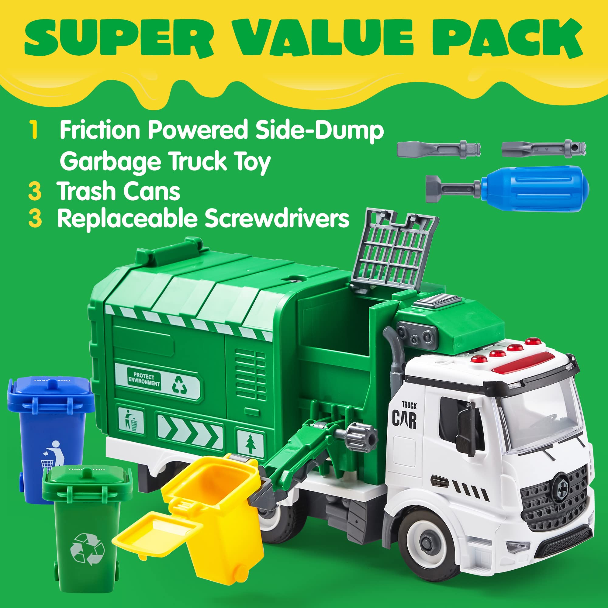 JOYIN Garbage Truck Toy for Kids - DIY Assembly Friction-Powered Dump Truck with Lights & Sounds, Includes 3 Trash Cans & 3 Screwdrivers - Perfect Birthday Gift for Boys & Girls Ages 1-5 | Pretend Play, Recycling Education & Interactive Fun