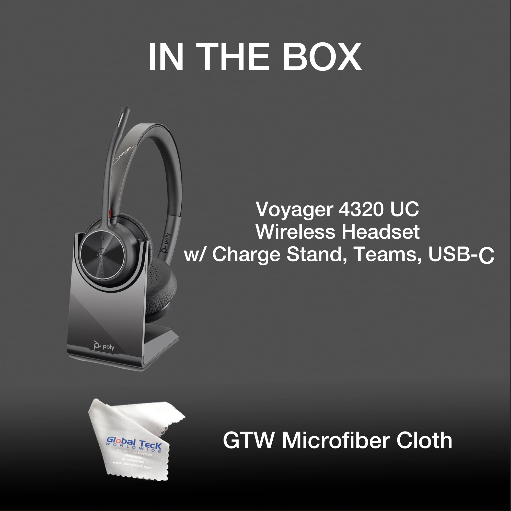Poly Voyager 4320 UC Wireless Bluetooth Headset with Charge Stand - Teams Certified for PC, Mac, Deskphone | Compatible with Zoom, RingCentral, 8x8, Vonage | Includes Microfiber Cleaning Cloth | Perfect for Remote Work, Video Conferencing & Call Centers