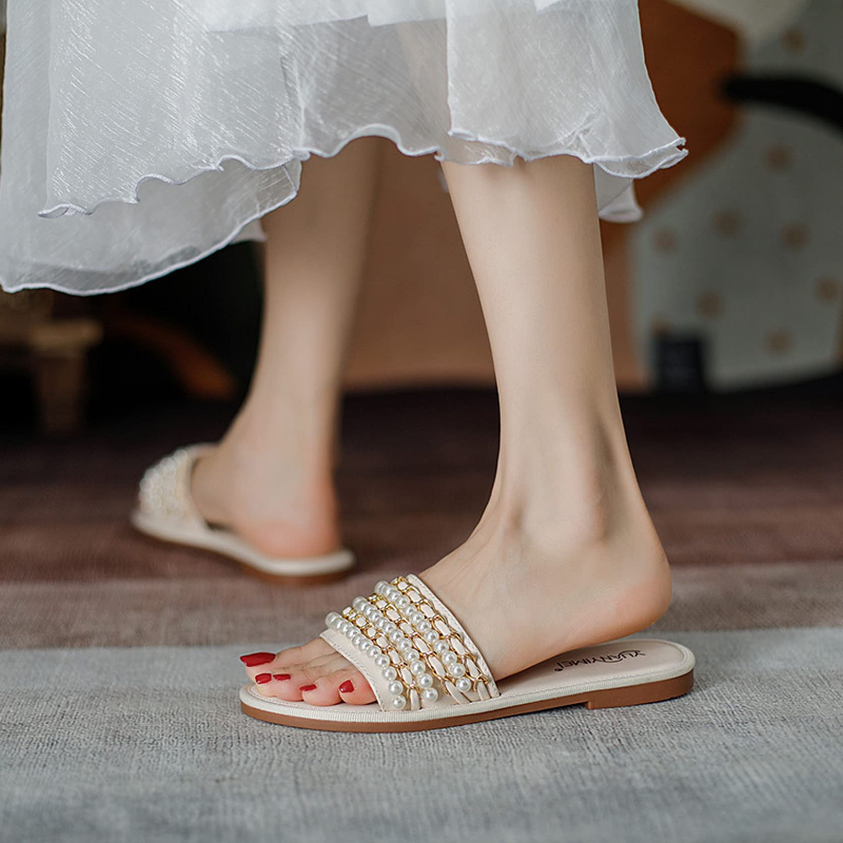 Women's Comfortable Pearl Beaded Flat Slide Sandals - Open Toe Single Band Summer Slippers for Beach, Vacation and Casual Wear