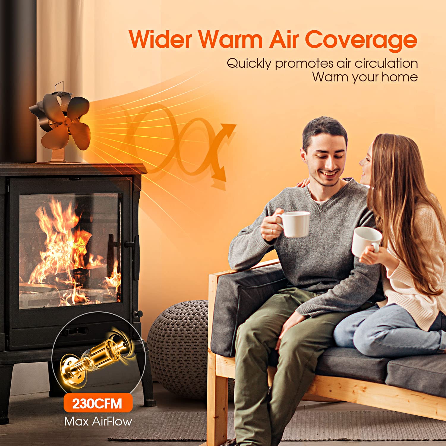 OCROUKI 4-Blade Heat Powered Wood Stove Fan - No Electricity Required, Energy Saving Fireplace Fan for Gas/Pellet/Wood Burning Stoves (HL-500P) - Perfect for Cozy Winter Nights & Eco-Friendly Heating
