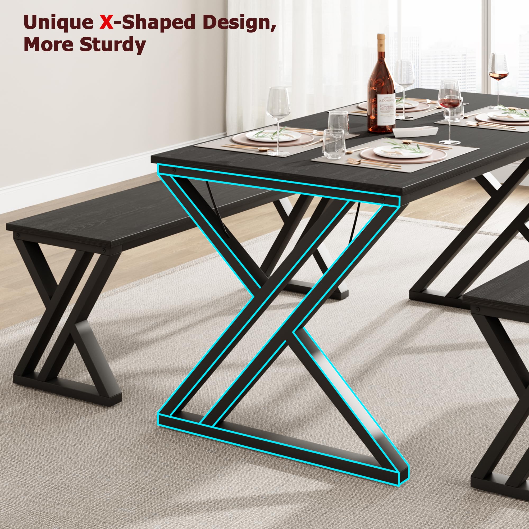 GAOMON 55 Inch Black Dining Table Set with 2 Benches - Space Saving Rectangular Kitchen Table for 4-6 People, Sturdy Metal Frame - Perfect for Small Apartments, Dining Rooms & Compact Kitchens