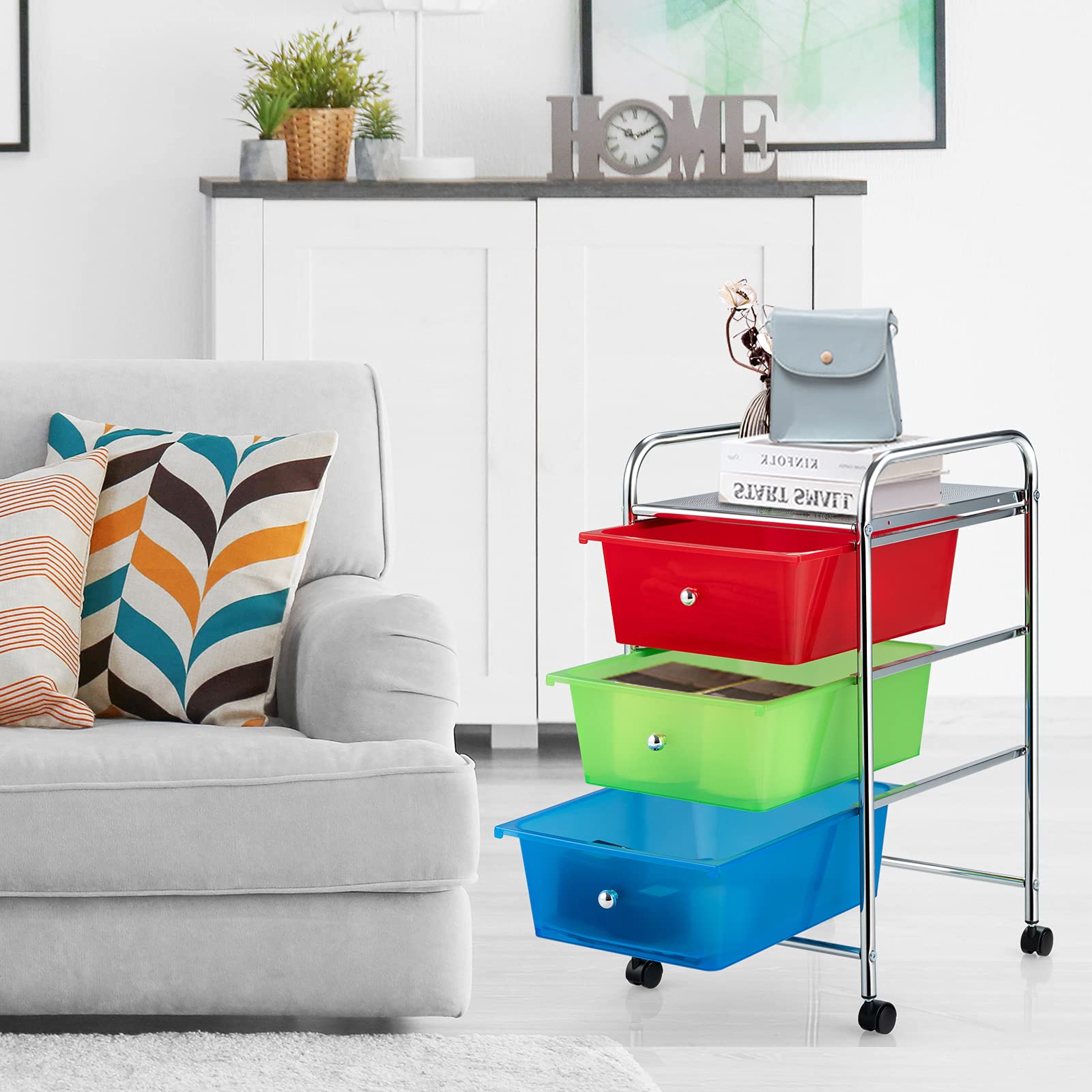GOFLAME 3-Drawer Rolling Storage Cart with Mesh Top, Handle & Lockable Wheels - Mobile Organizer for Home, Office, Kitchen, Bathroom & Dorm Room - Perfect for Office Supplies, Beauty Products & Craft Storage