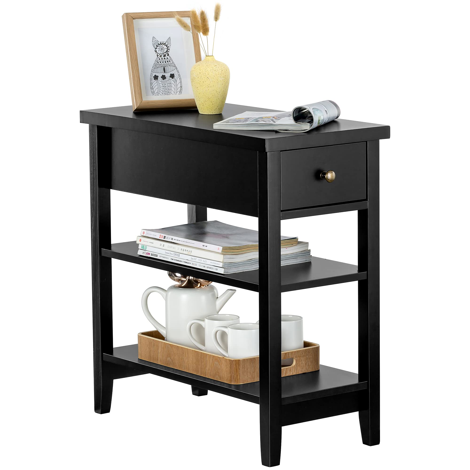 ZENODDLY 3-Tier Small Side Table with Drawer & 2 Shelves, Narrow End Table with Storage - Black Wood Nightstand for Living Room, Bedroom, Office - Perfect for Holding Lamps, Books & Decor