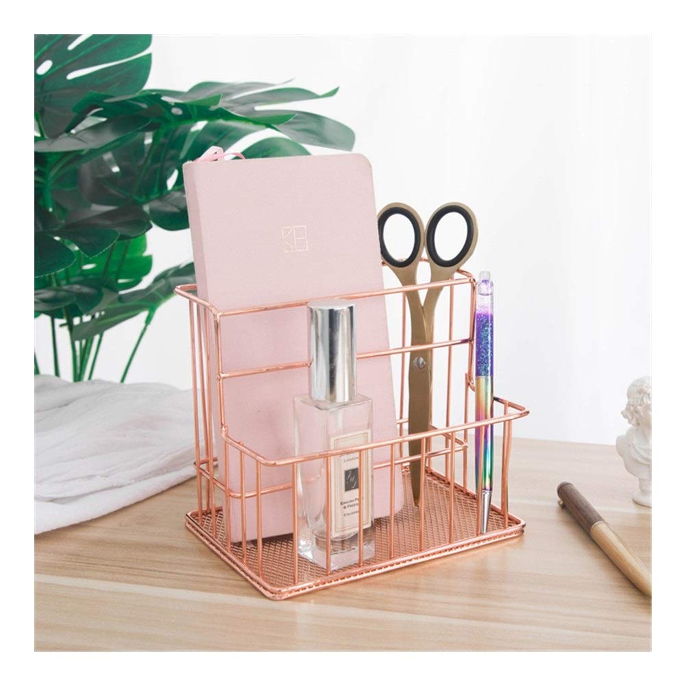 Rose Gold Desktop Stationery Organizer - Iron Art Storage Box & Pen Holder for Office, School, Home Desk Accessories | Perfect for Workspace, Study Table, and Craft Room Organization