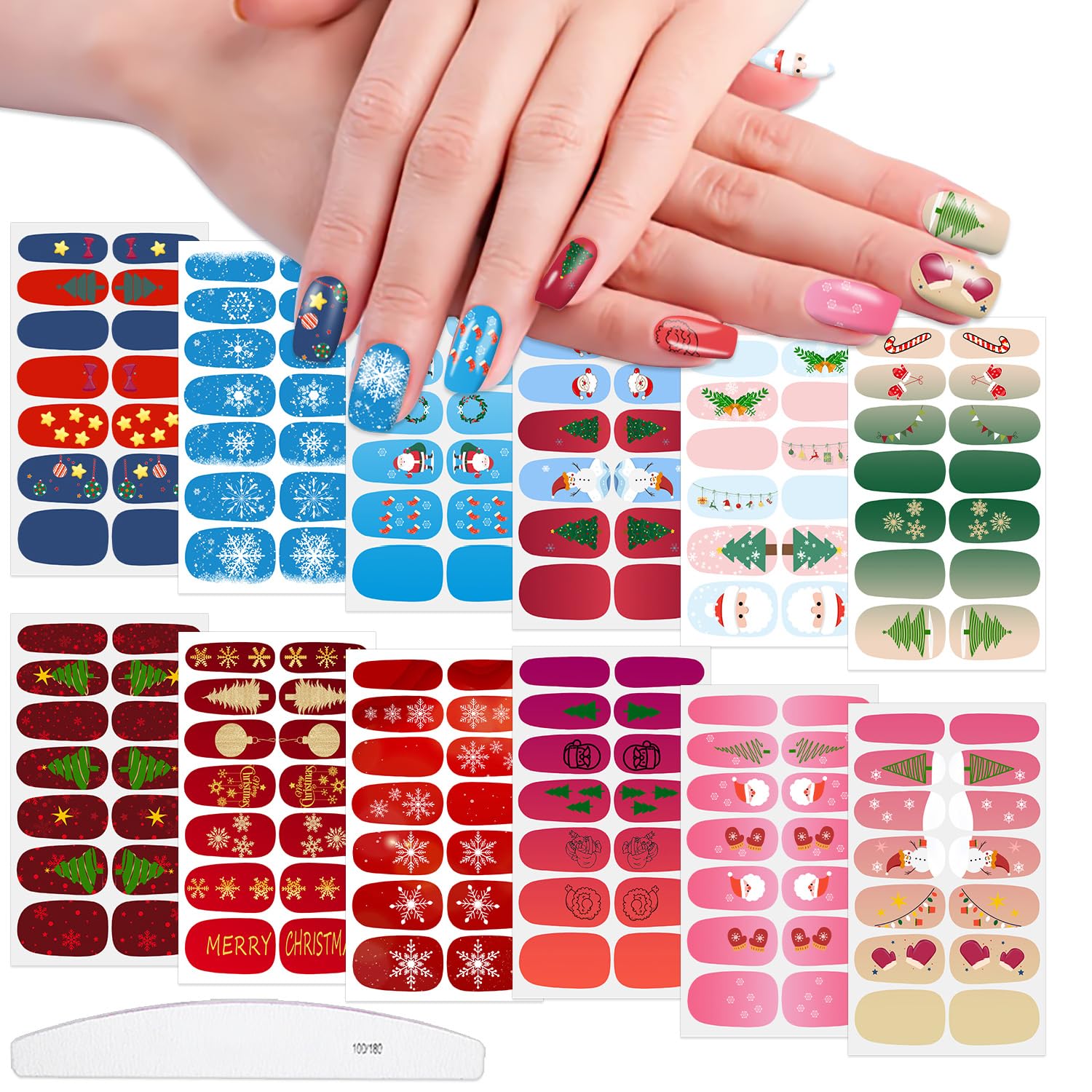 WOKOTO 12 Sheets Christmas Nail Stickers - Full Nail Wraps for Holiday Gel Nail Polish Strips (Santa, Christmas Tree, Snowflake Designs) - Perfect for Women & Girls Christmas Parties, Gift Exchanges & Festive Nail Art