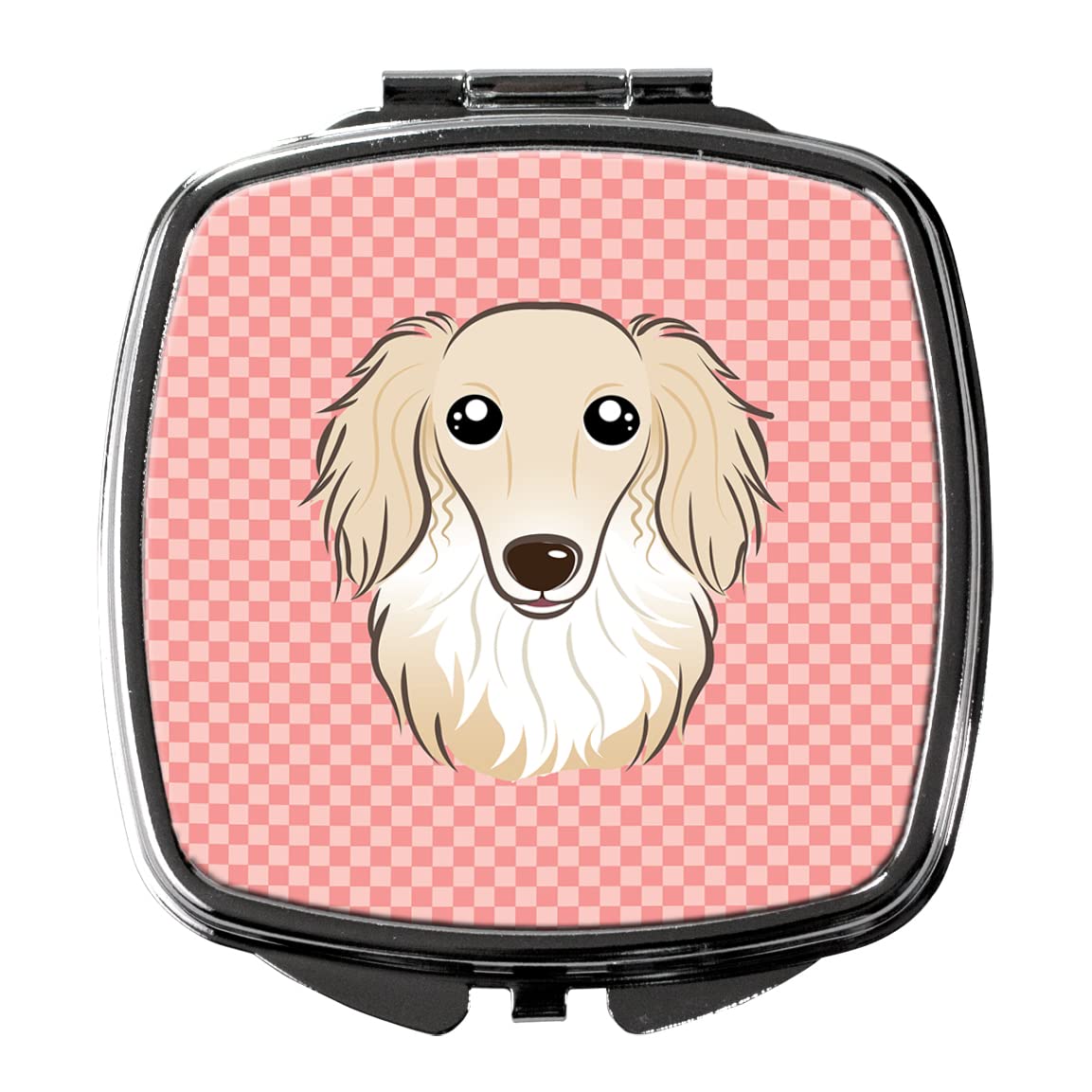 Caroline's Treasures BB1212SCM Pink Checkerboard Longhair Creme Dachshund Compact Mirror - Travel Makeup Mirror for Women & Girls, Handheld Folding Pocket Mirror, Perfect Gift for Makeup Touch-Ups On The Go
