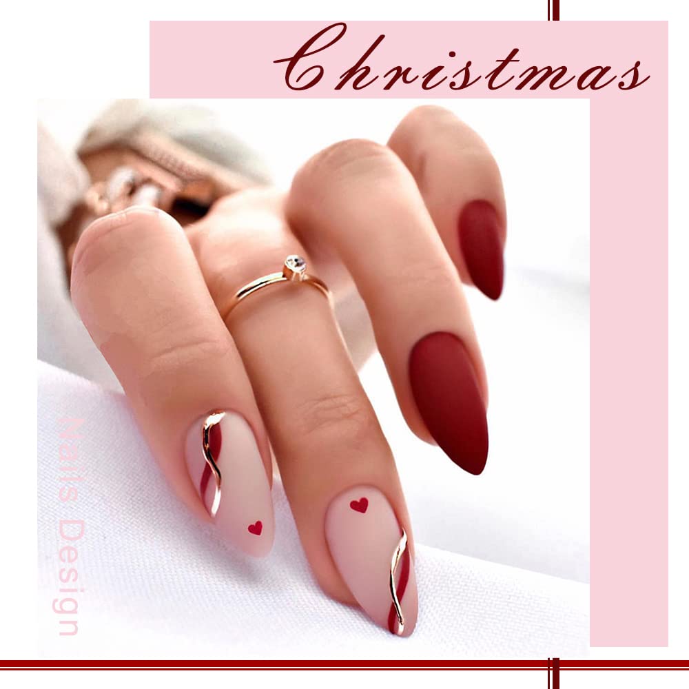 Heart Press on Nails Medium - 24pcs Red Almond French Tip Fake Nails with Gold Line Design & Glue | Full Cover Acrylic False Nails for Women | Perfect for Parties, Weddings, and Special Occasions