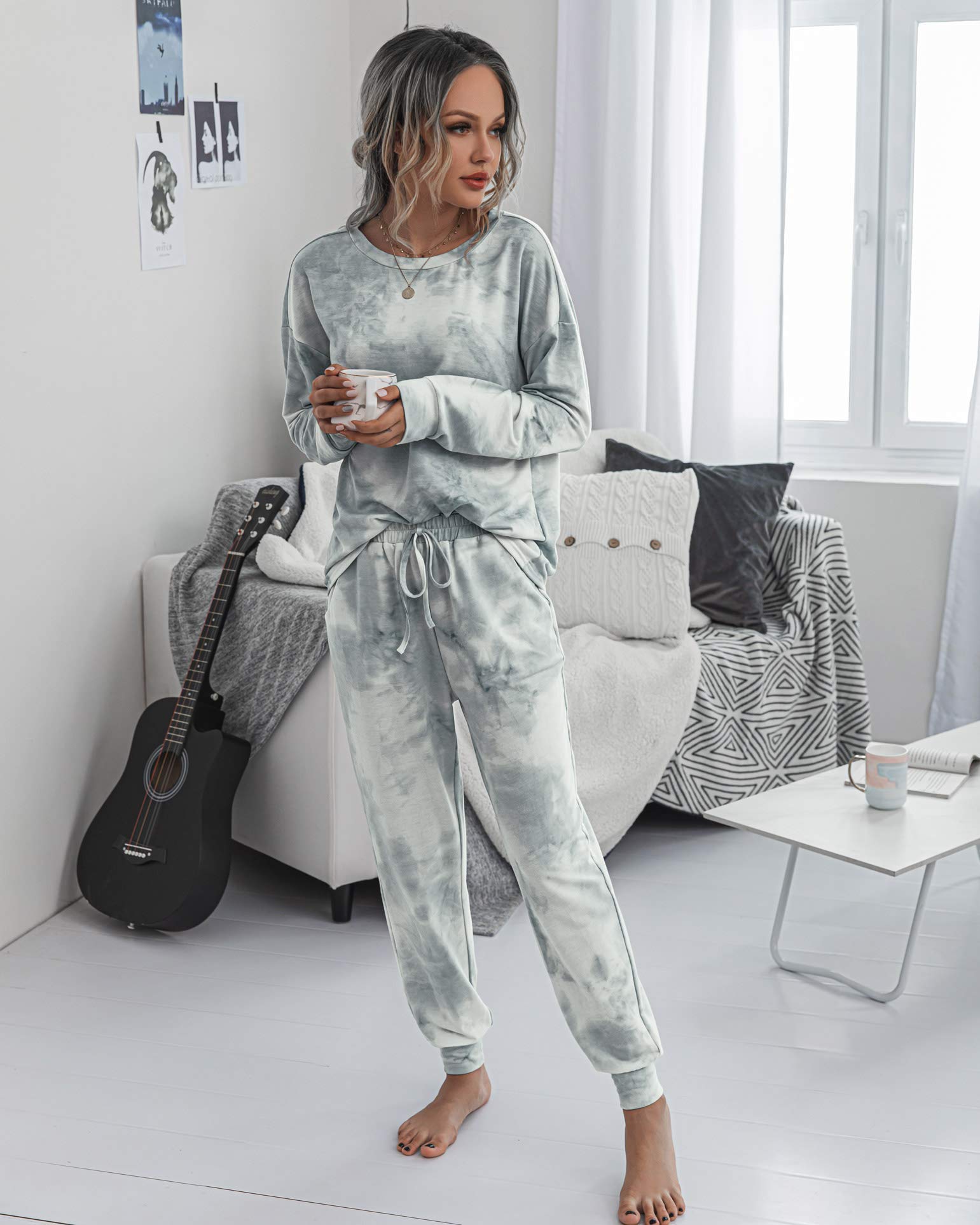 TSMNZMU Women's Tie Dye Pajama Set - 2 Piece Long Sleeve Pullover Top & Pants with Pockets | Soft Sleepwear for Lounge, Travel & Home Relaxation