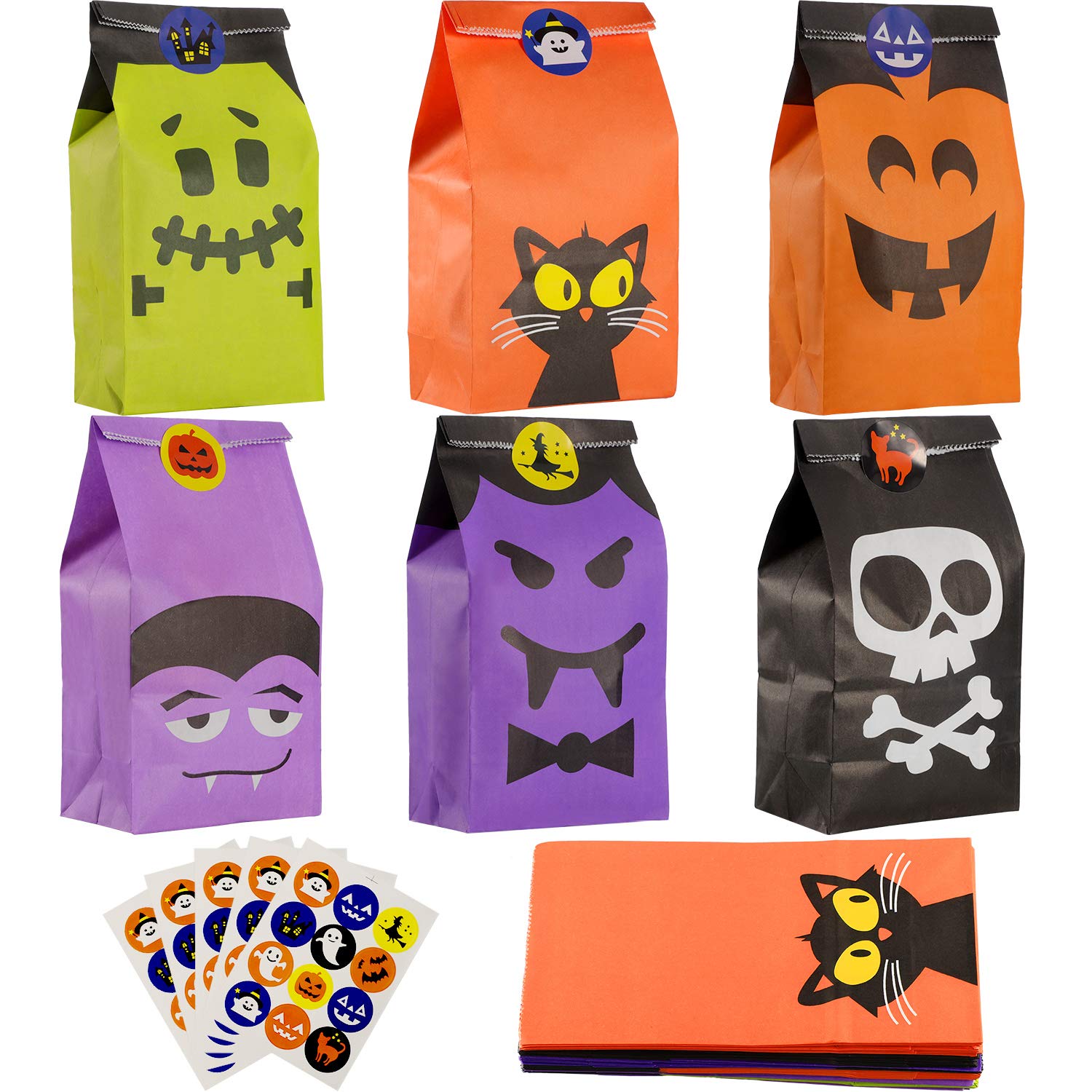 Hotop 54-Piece Halloween Paper Gift Bags Set with 60 Stickers - Trick or Treat Party Favors, Candy Bags for Kids, Classroom Halloween Parties & Neighborhood Trick-or-Treating