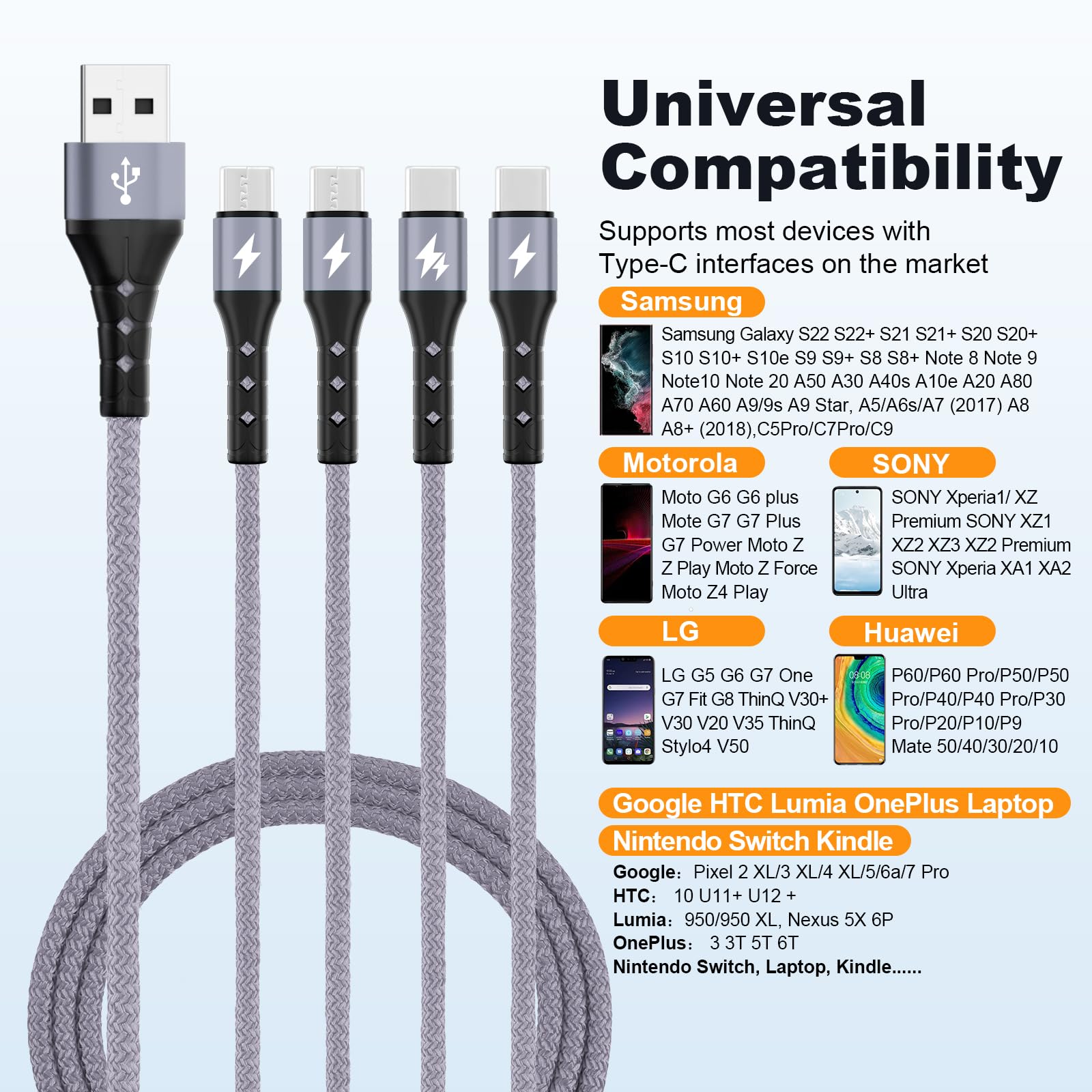 SIQIWO 4-in-1 Multi USB C Fast Charging Cable [4FT 2-Pack] - QC 3.0 3A Type C Splitter with 4 Ports - Compatible with iPhone 16/15 Series, iPad Air/Pro, Samsung Galaxy S24/S23, Google Pixel, PS5 - Perfect for Home, Office & Travel Charging Multiple Devices Simultaneously