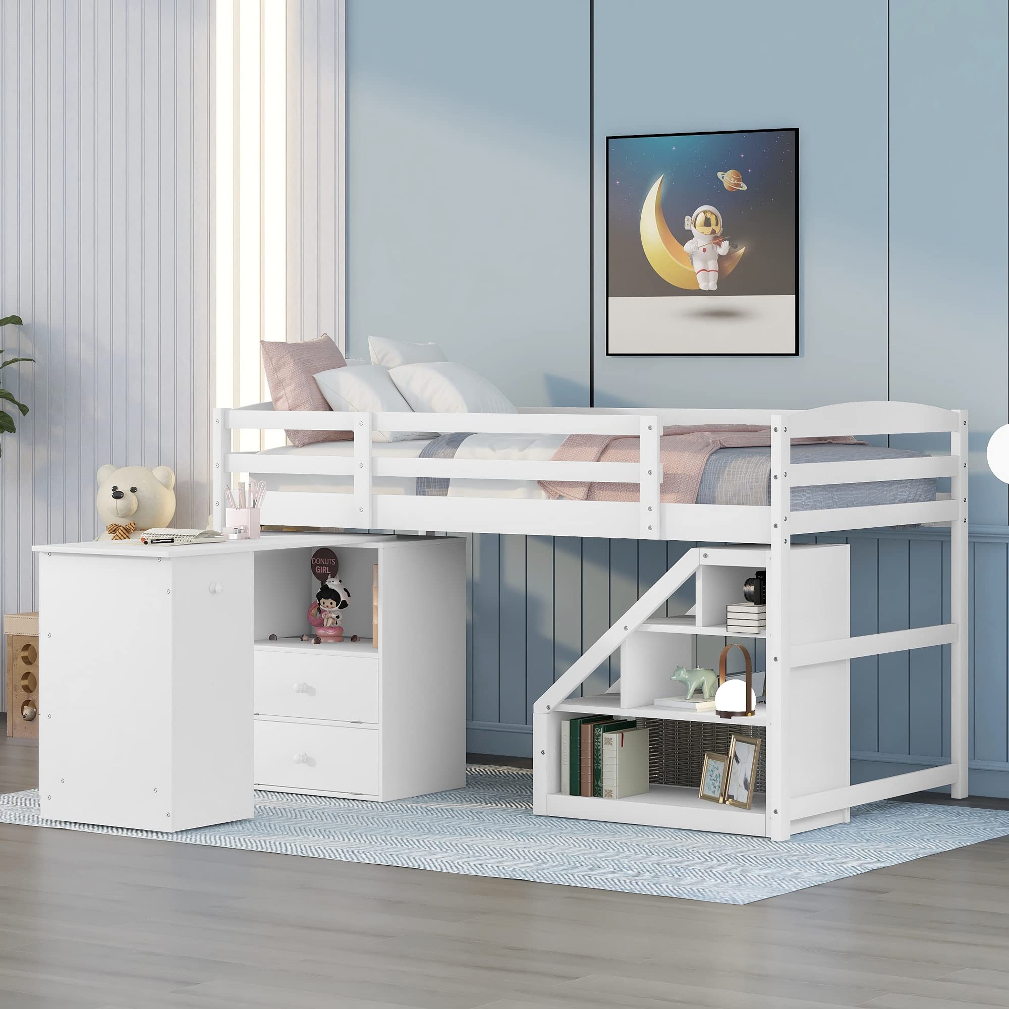 Kids Loft Bed with Desk & Storage - Twin Size Low Loft Bed with Rolling Portable Desk, Drawers & Cabinet - Wooden Staircase Loft Bed for Boys & Girls - White - Perfect for Small Bedrooms, Dorm Rooms & Kids' Study Spaces