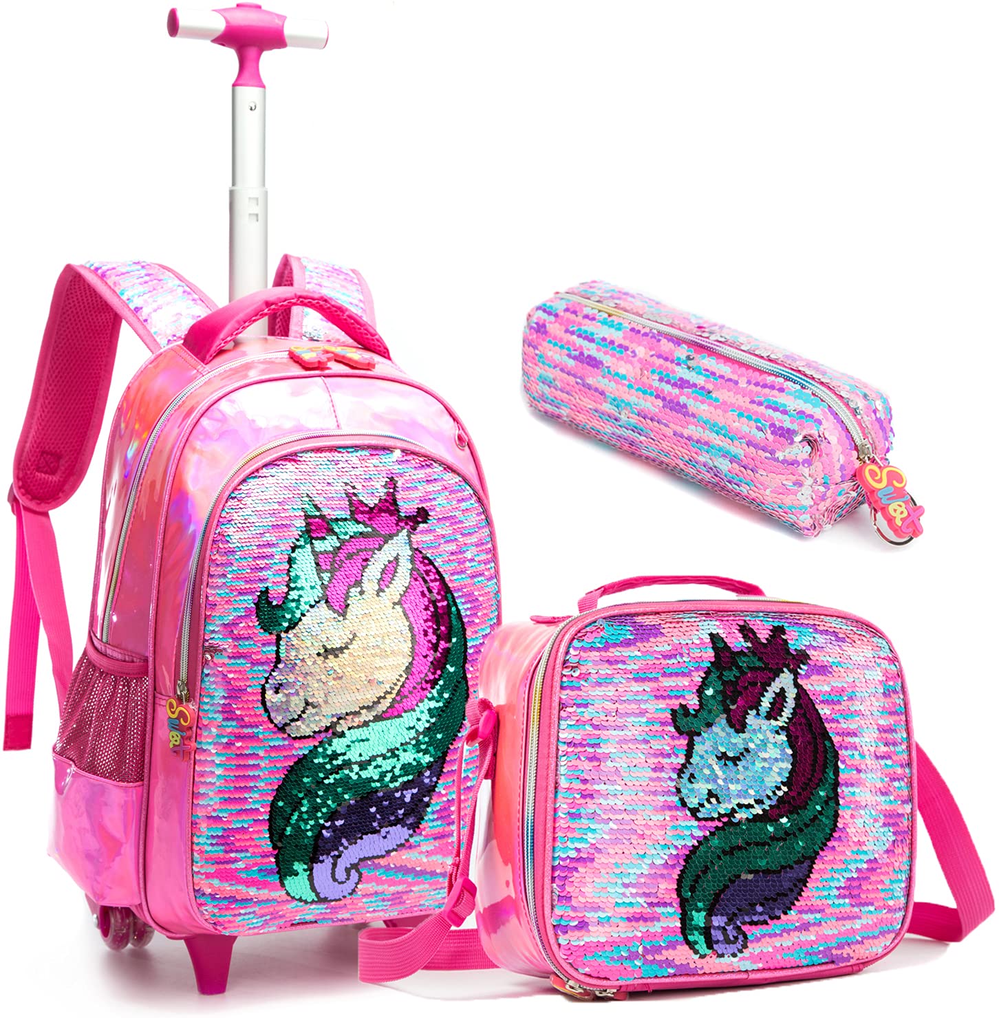 **Egchescebo Rolling Backpack for Kids - Wheeled School Backpack with Lunch Box (3-Piece Set) - Durable Travel Backpack for Boys & Girls (Rose Red) - Perfect for School, Travel & Daily Use**