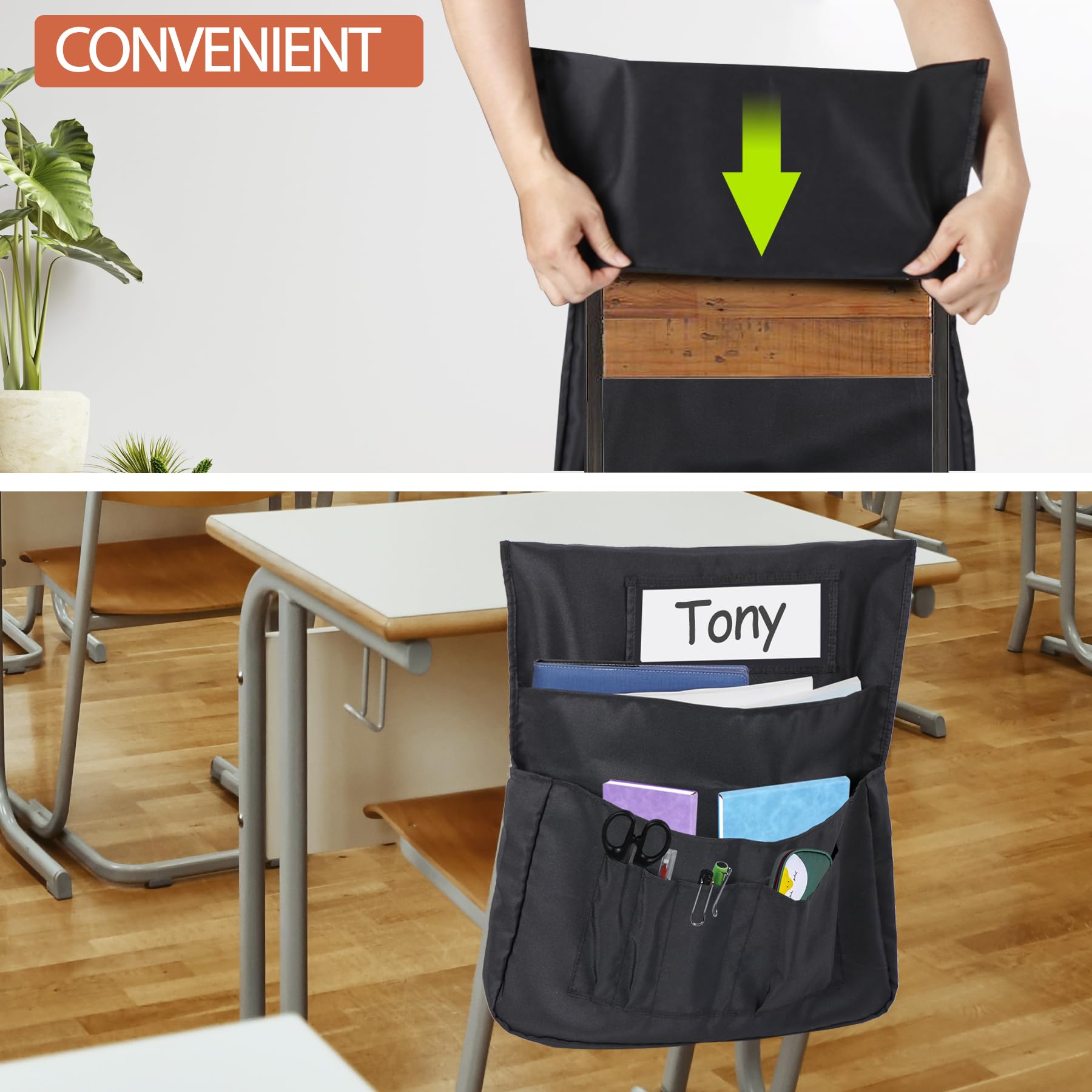 12 Pack Chair Pockets for Classroom - 17 x 18 Inch Chair Back Organizer with Name Slot, Kids School Supplies Storage - Perfect for Books, Papers, and Supplies in Preschool & Elementary Classrooms