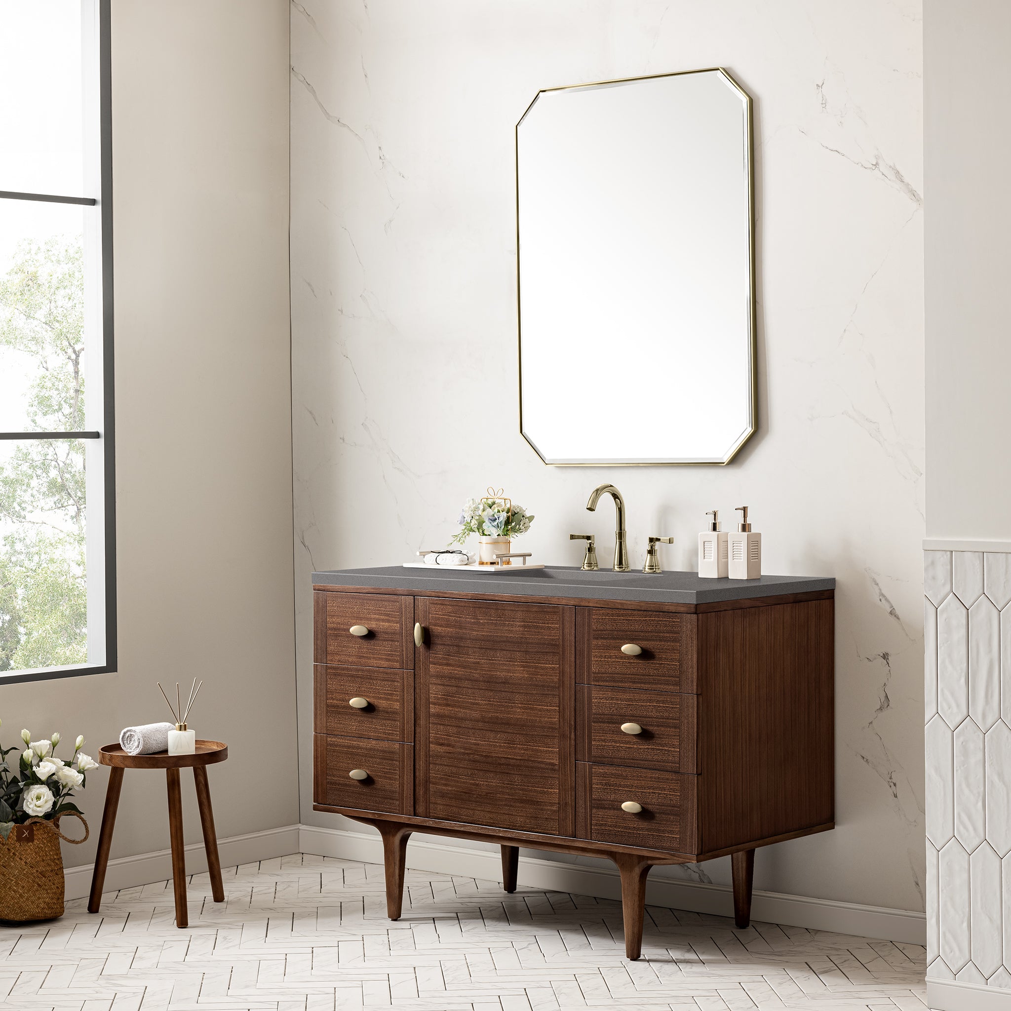 Amberly 48 Inch Single Bathroom Vanity - Mid Century Modern Walnut Wood with 3CM Gray Expo Top for Small Bathroom Remodel & Apartment Upgrade