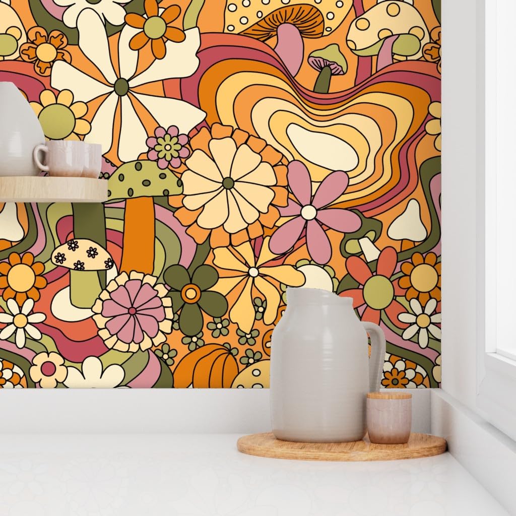 12ft x 2ft Removable Peel & Stick Wallpaper - Groovy Mushroom Garden Design | Self-Adhesive Wall Decor for Bedroom, Nursery & Living Room | Easy DIY Home Renovation by Spoonflower