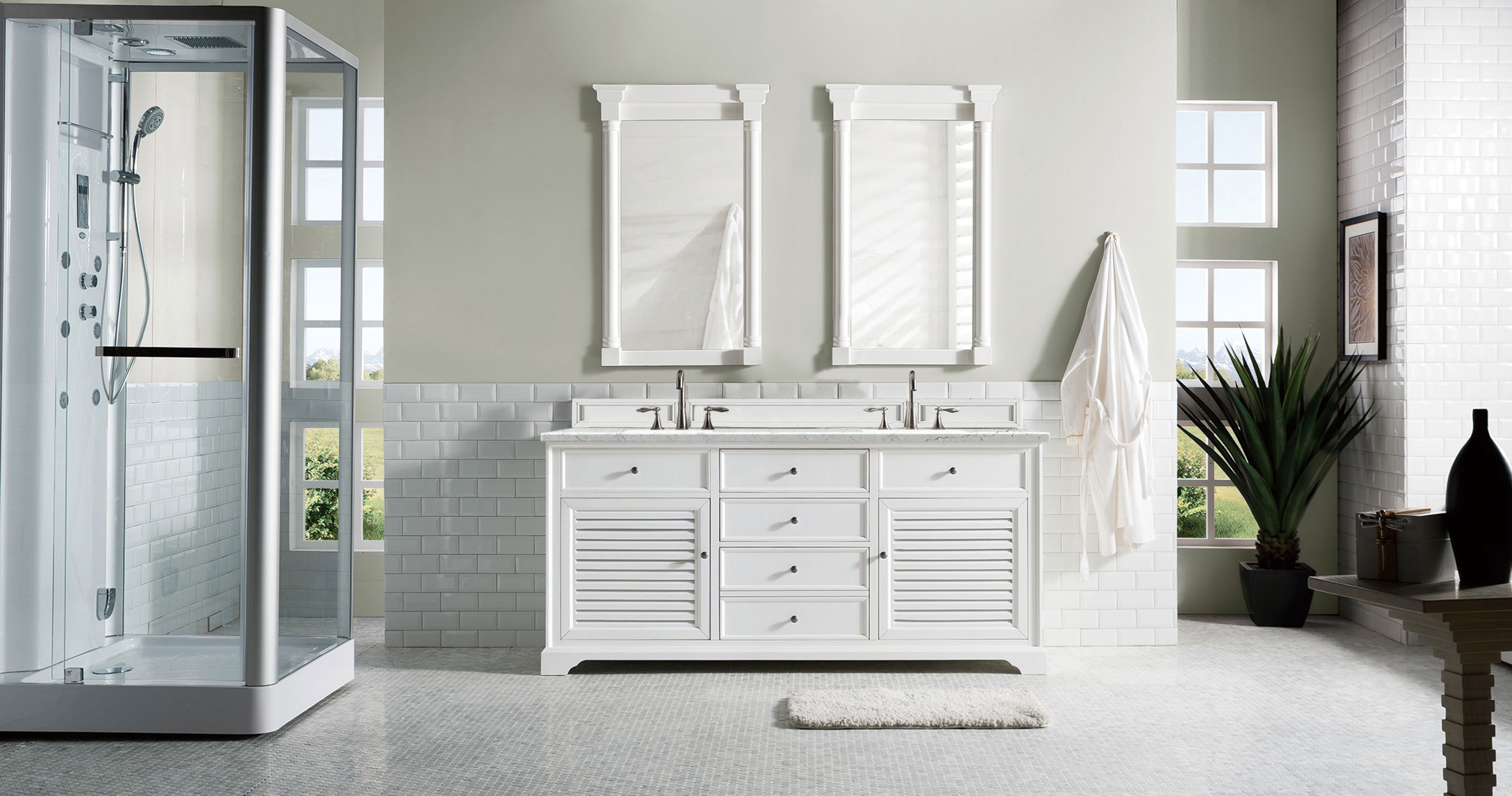 Savannah 72 Inch Double Vanity Cabinet with 3CM Eternal Jasmine Pearl Quartz Top - Bright White Bathroom Vanity for Master Bath & Guest Bath Remodel